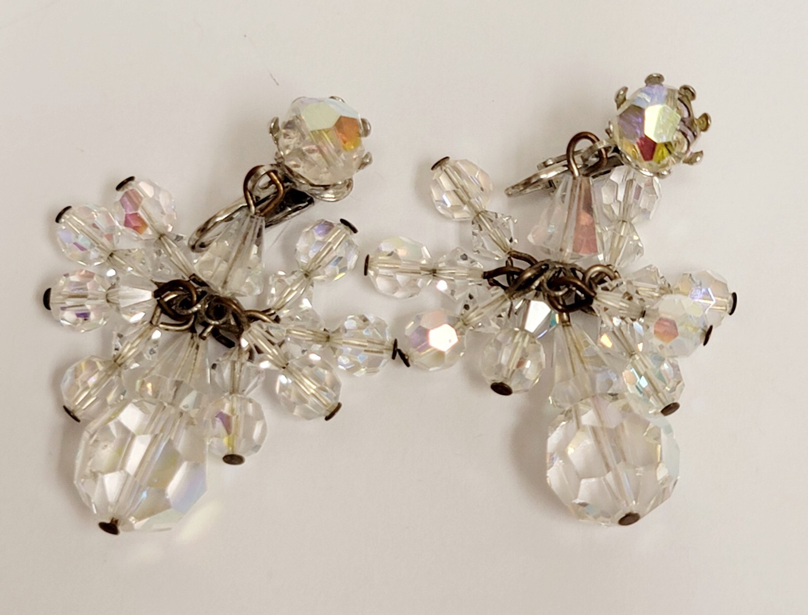 Vintage Clear Glass Crystal AB Bead Chandelier Earrings & Crystal Cluster Brooch