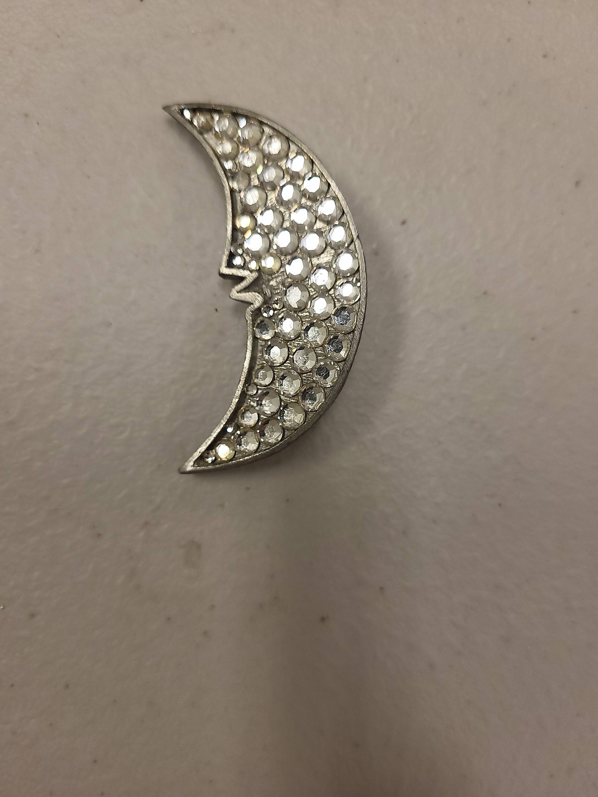 Vintage Silver Tone Rhinestone Crescent Moon Face Pin Brooch Man In The Moon 2″