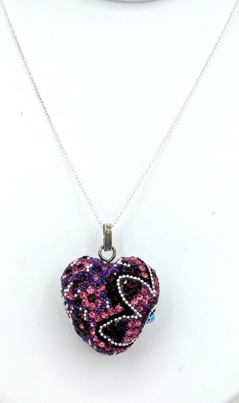 Vintage Heart Pendant Sterling Silver Necklace Pink Purple Crystal Beaded 20 In