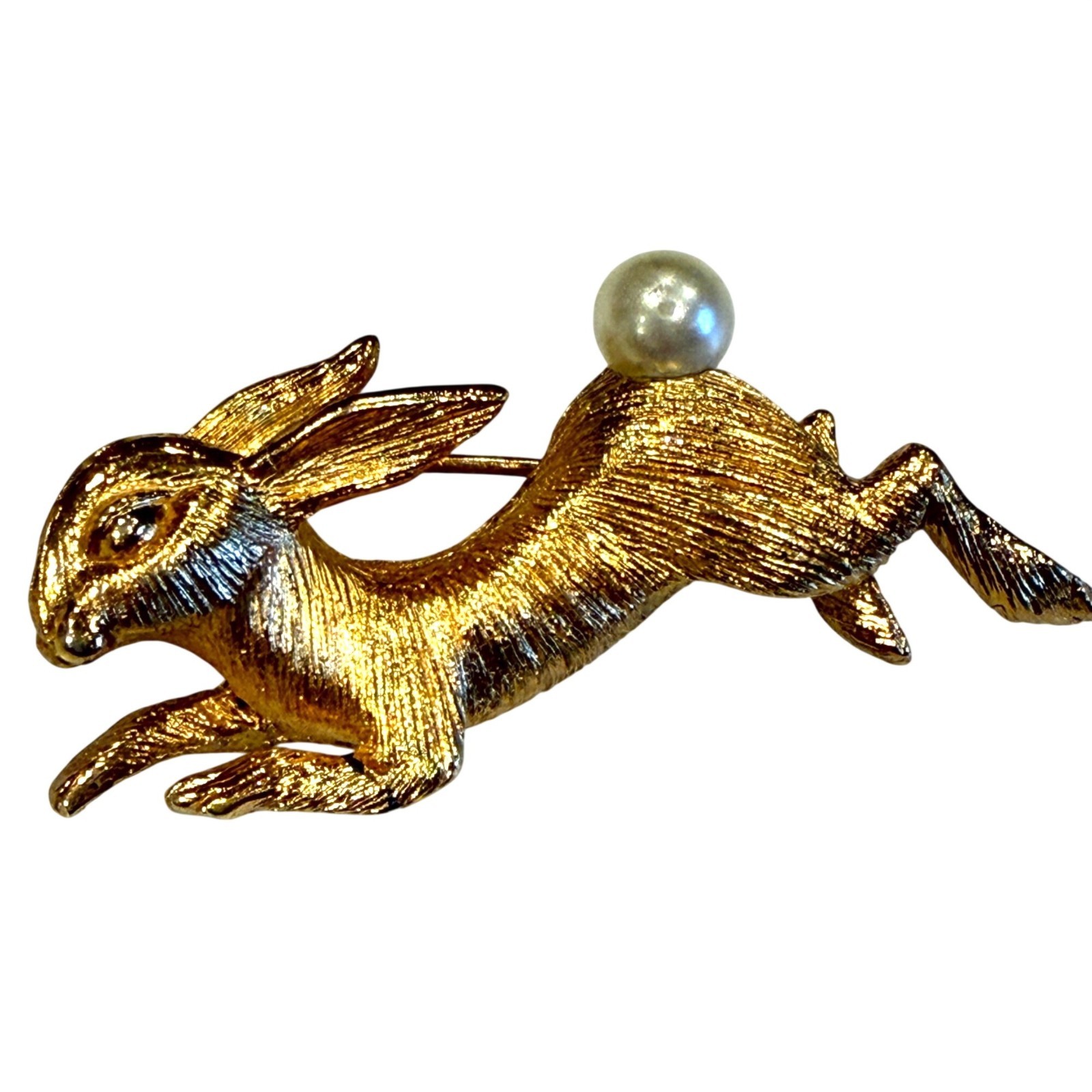 Vintage Napier Hare Rabbit Brooch Pin Leaping Running Goldtone Faux Pearl Tail