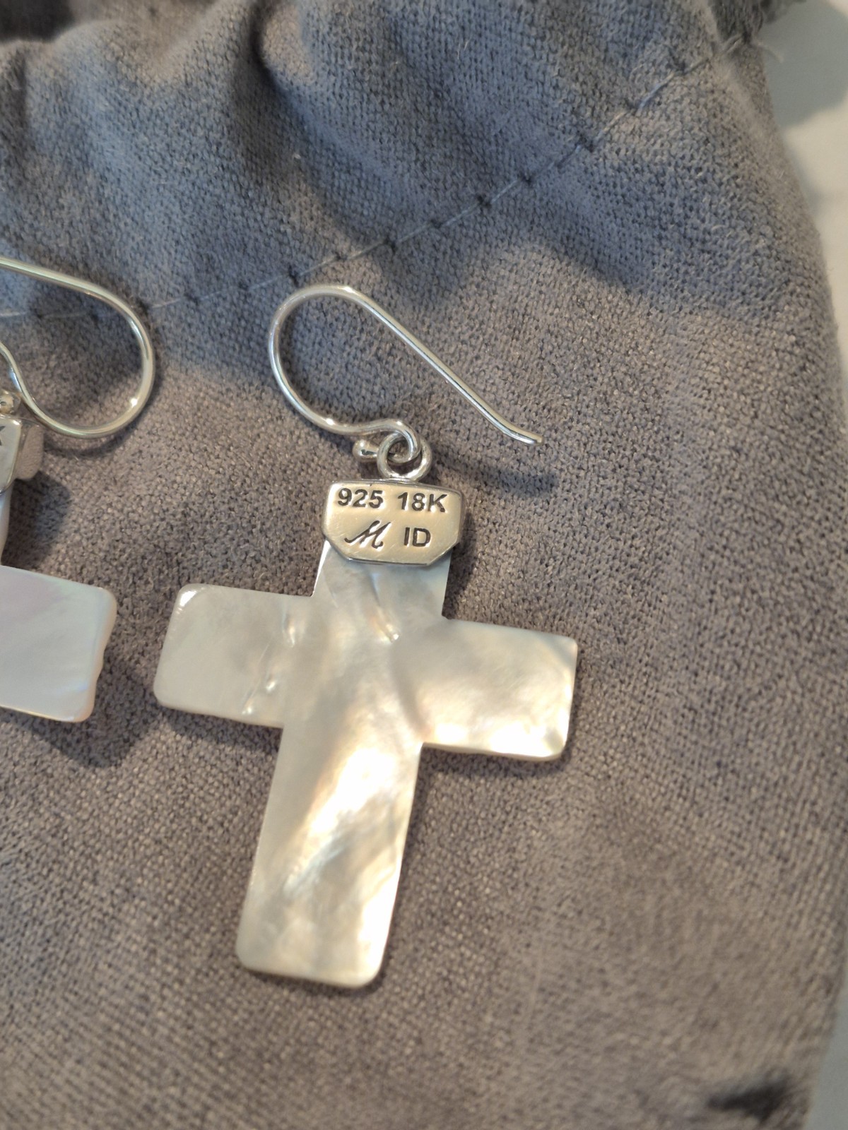 EUC Robert Manse 18k Gold Sterling Silver Carved MOP Shell Cross Dangle Earrings