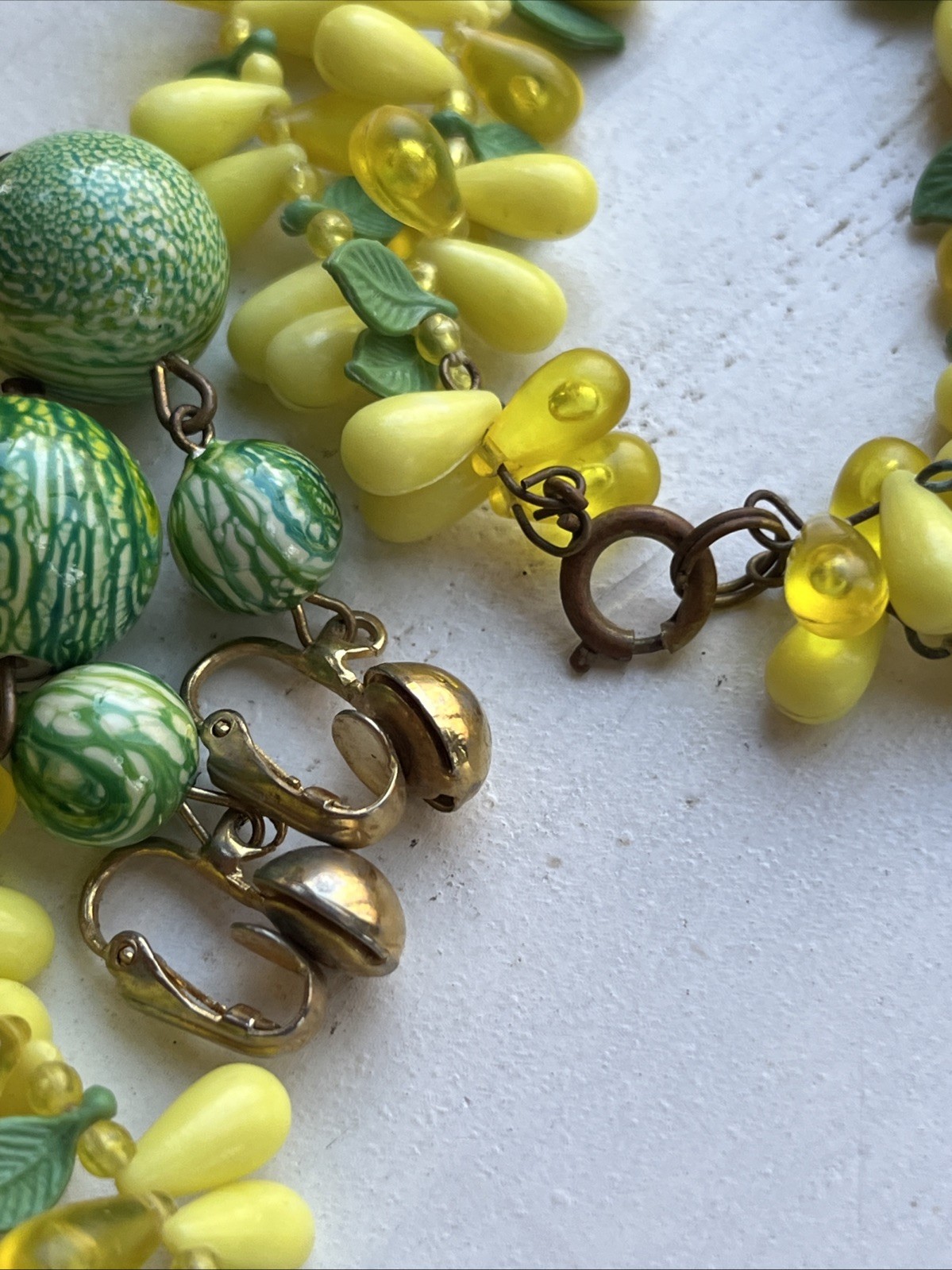 Vintage 2 Strand Tutti Fruity Lemon Necklace Czech Dangle Drop Clip Earrings Set