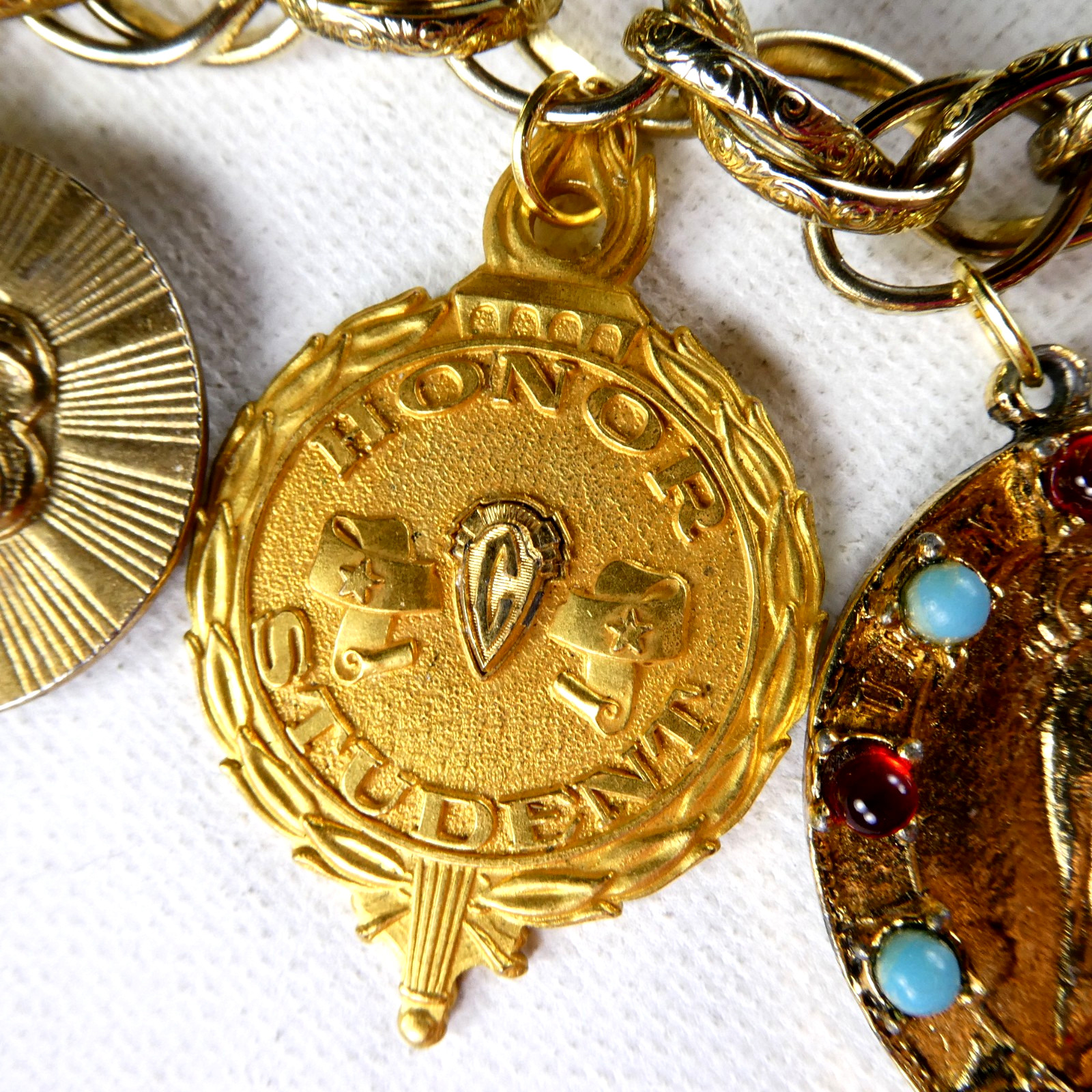 Vintage Heavy Charm Bracelet All Round Charms Gold Plated Engravable Good Luck