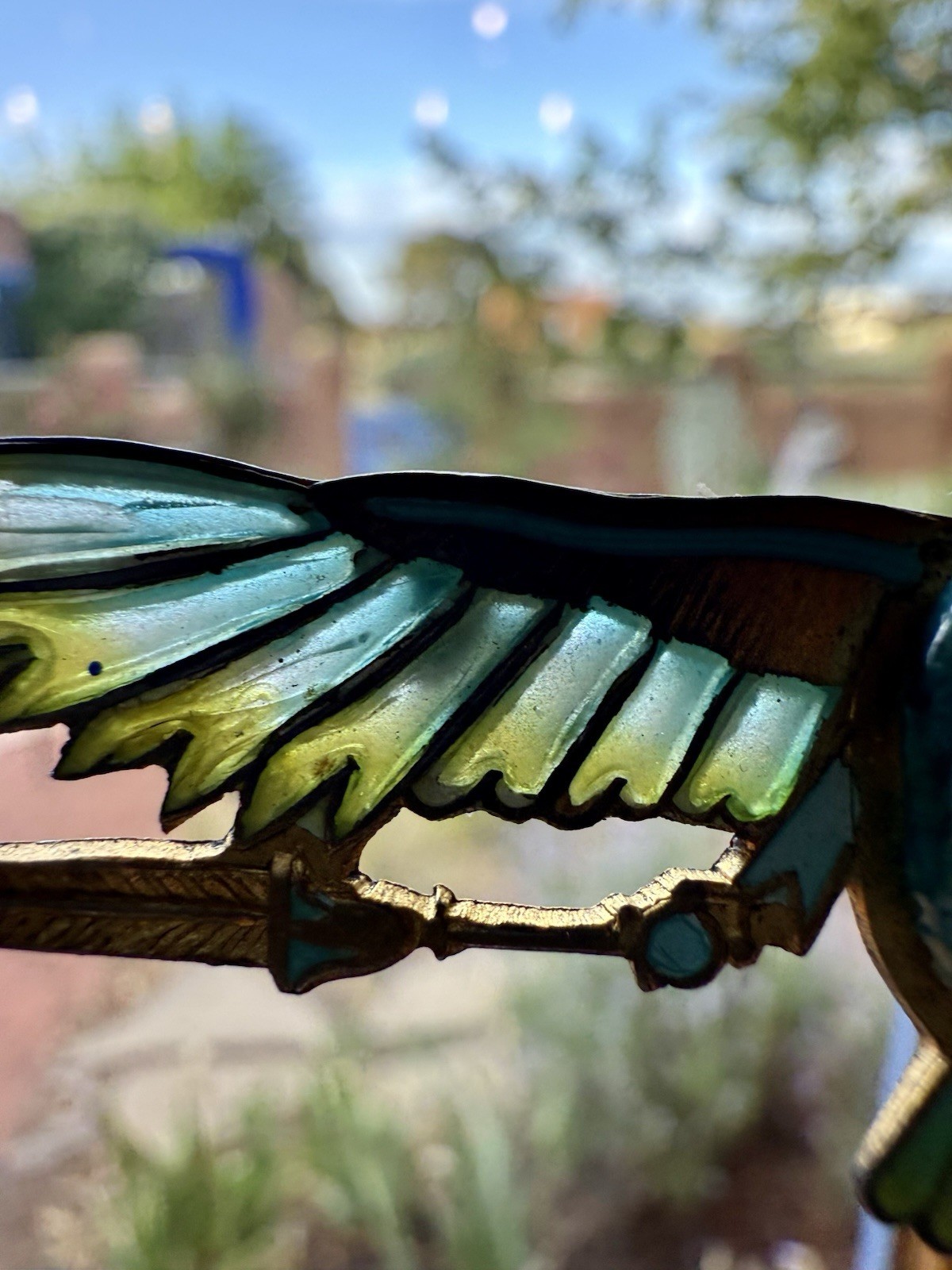 Revival Plique-à-jour Bird, winged scarab stone Brooch pin. Art Deco, Egyptian