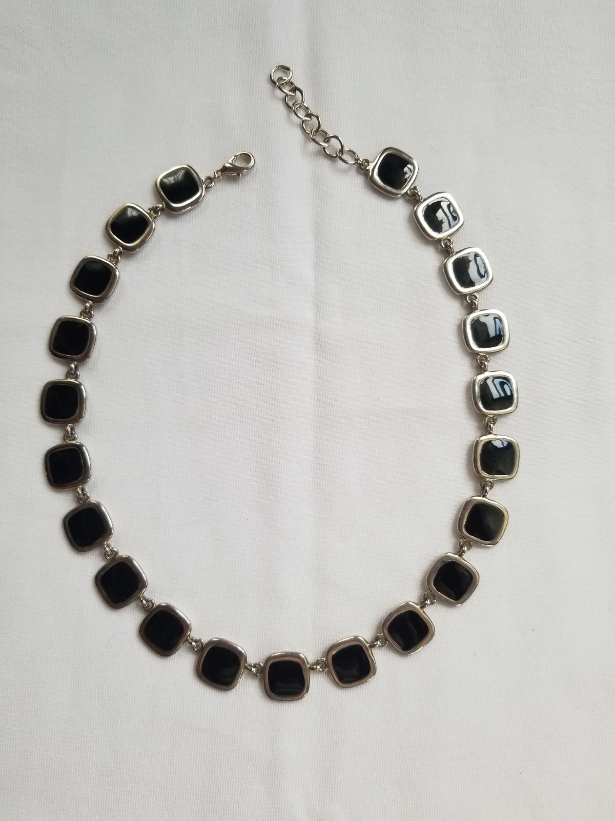 Vintage 1970s Black and Cream Enamel Geometric Necklace Reversible Silvertone