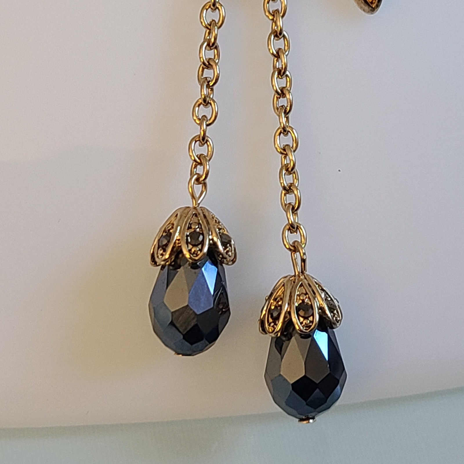 Signed Lihangyuan Twin Flying Birds Necklace Blue Rhinestone Black Bead 5″ Drop