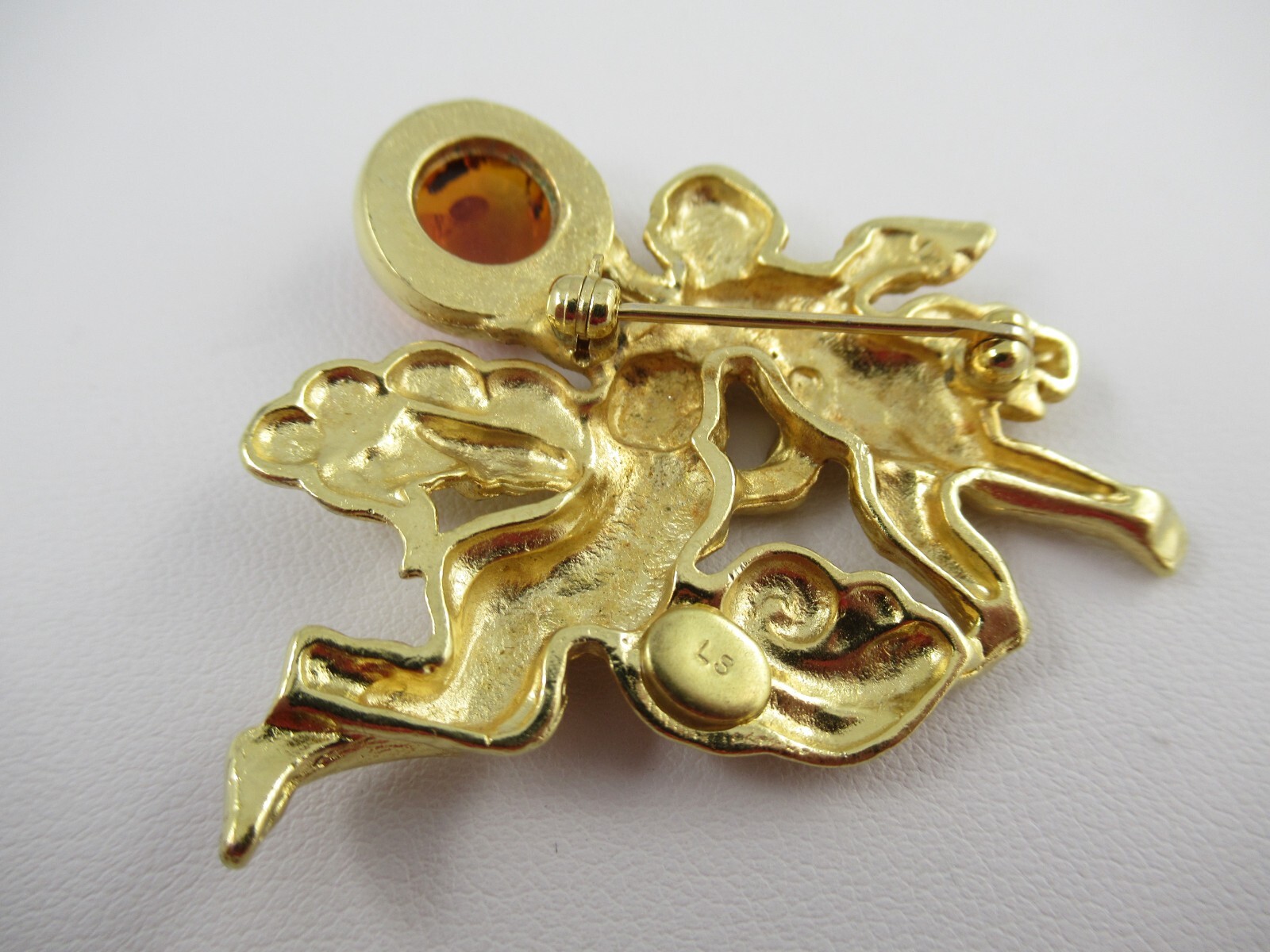 Signed LS Vintage Angel Amber and Matte Gold Tone Brooch Louis Stern