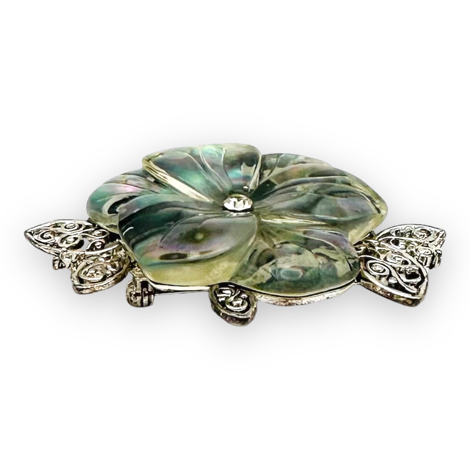 Vintage Lucite Cellulose Acetate Flower Brooch Rhinestones Faux Abalone MCM