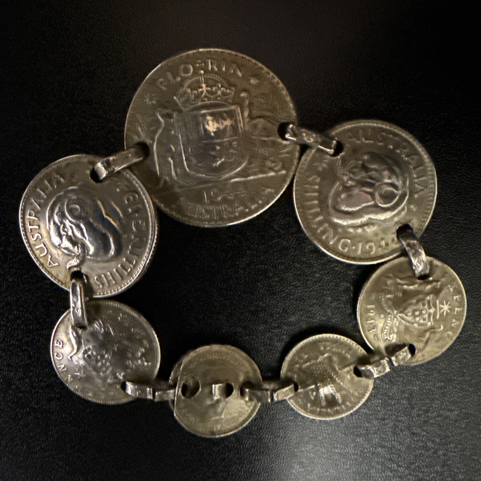 Vtg Coin Bracelet AUSTRALIA 1943-1944 FLORIN Sterling Coins 7”