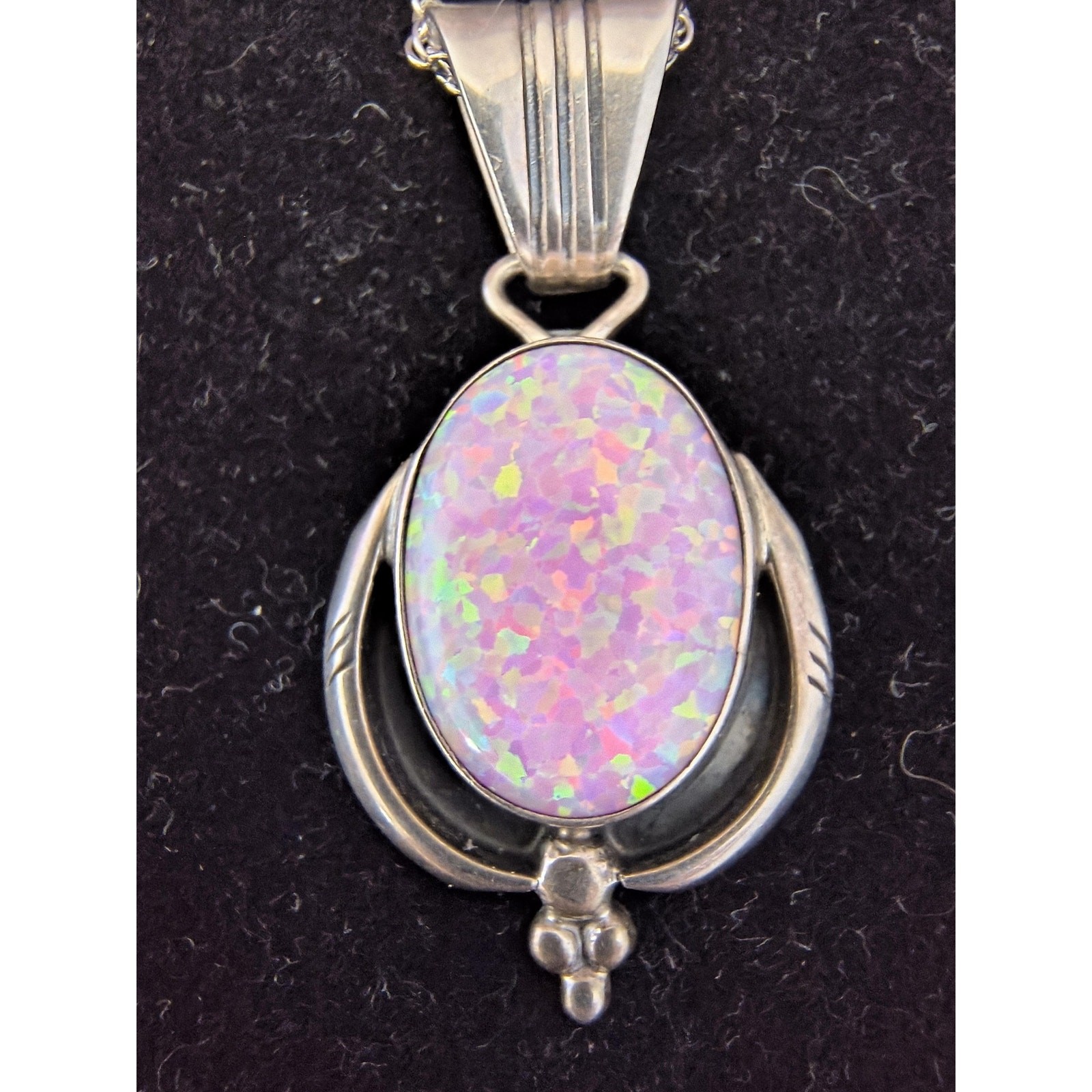 Running Bear Sterling Silver Pink Lab Opal Southwest Old Pendant Necklace 15″