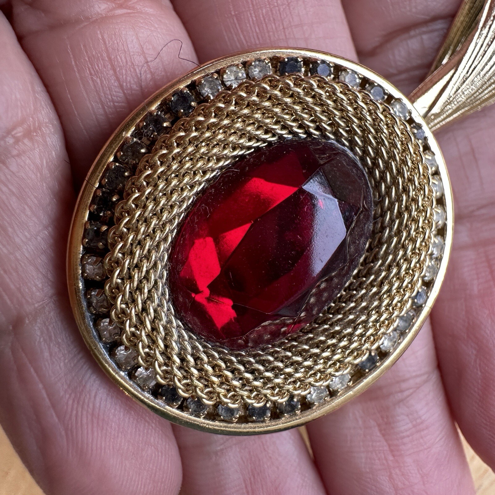 VTG Whiting Davis Feather Brooch Pin 5 Inch Red Glass Rhinestone Gold Plate Rare