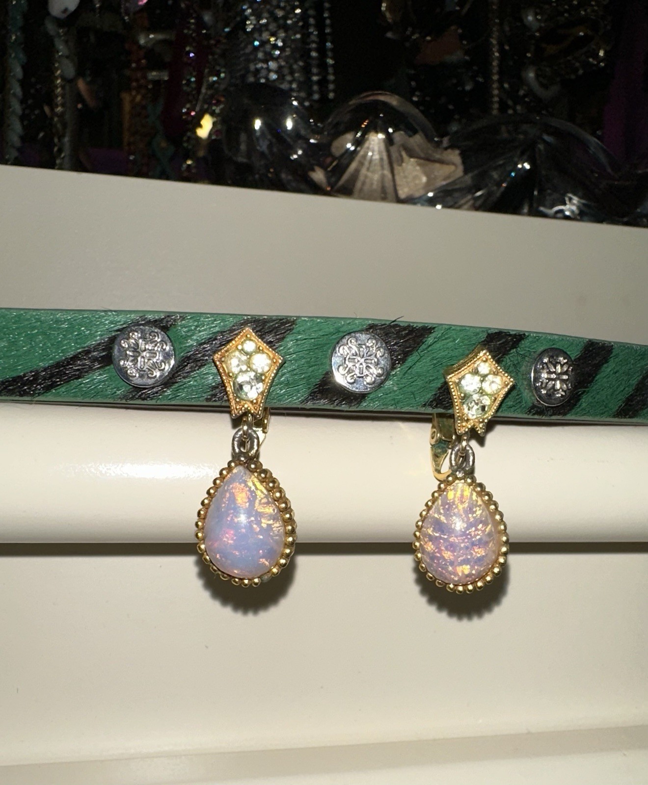 Vintage rare Crown Trifari Pave Rhinestones & Faux Opal Dangle Clip Earrings