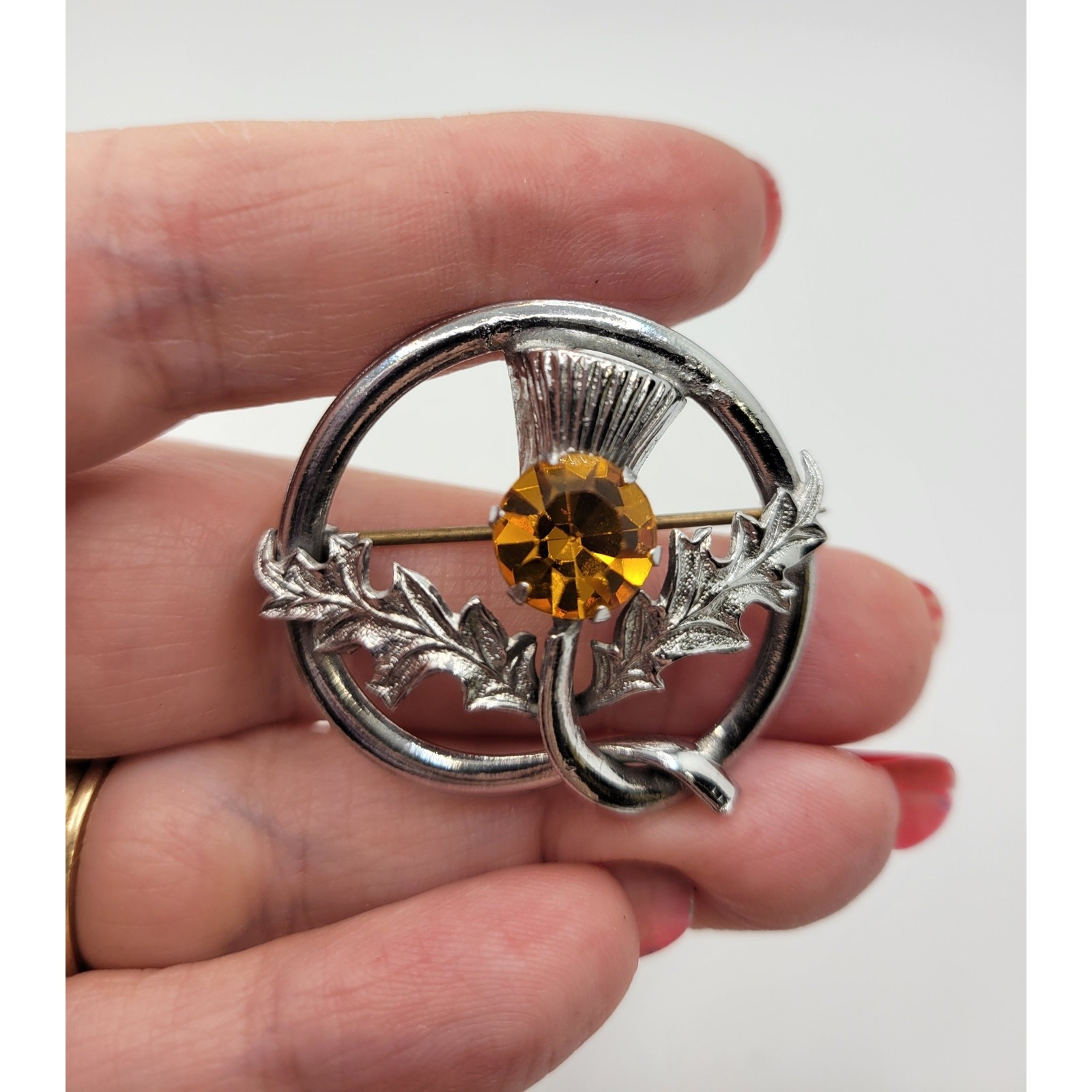 Scottish Thistle Brooch Kilt Shawl Pin Silvertone Orange Rhinestone Vintage