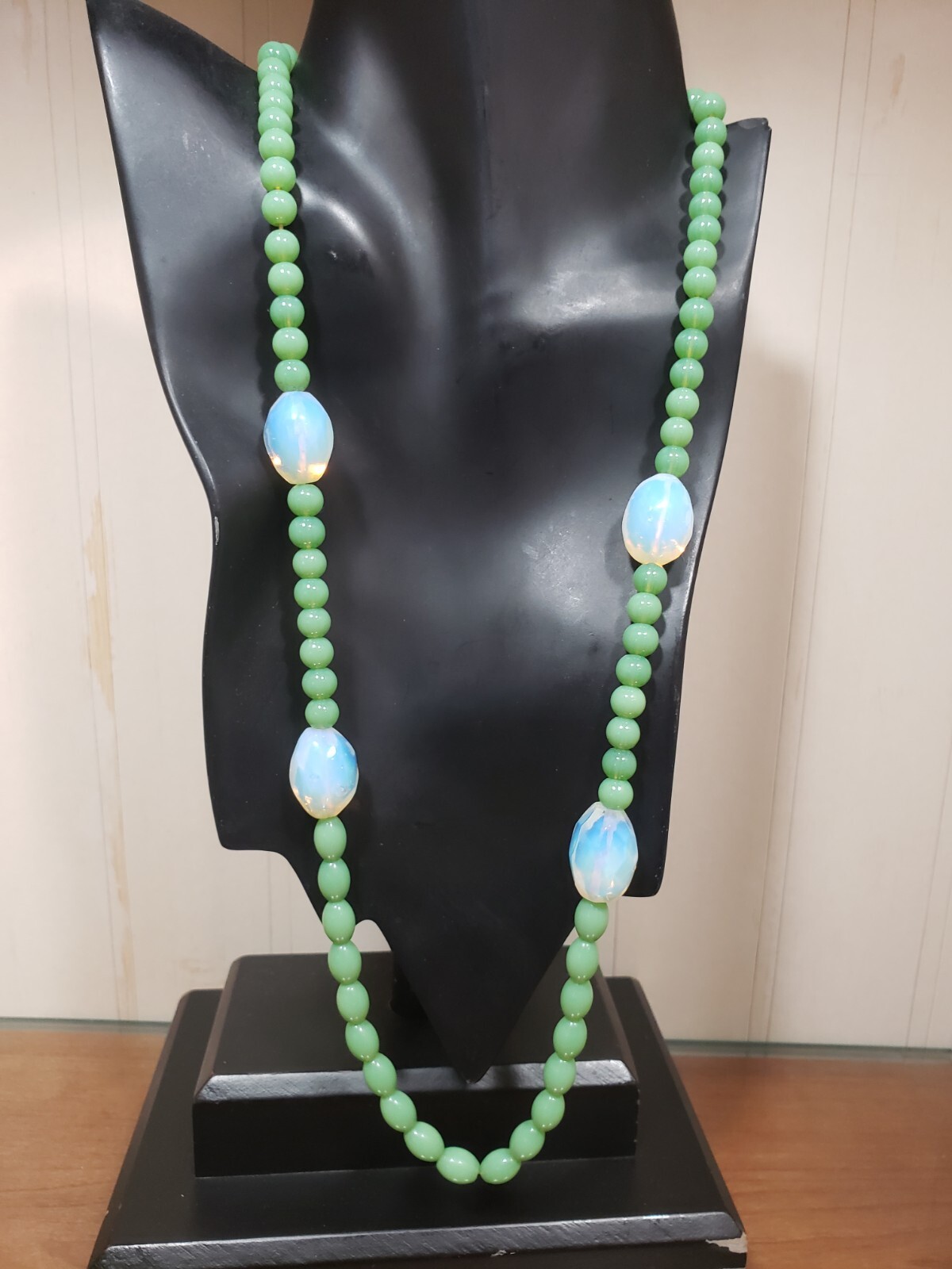 Vintage Opaline and Sage Green Glass Bead Necklace 29″