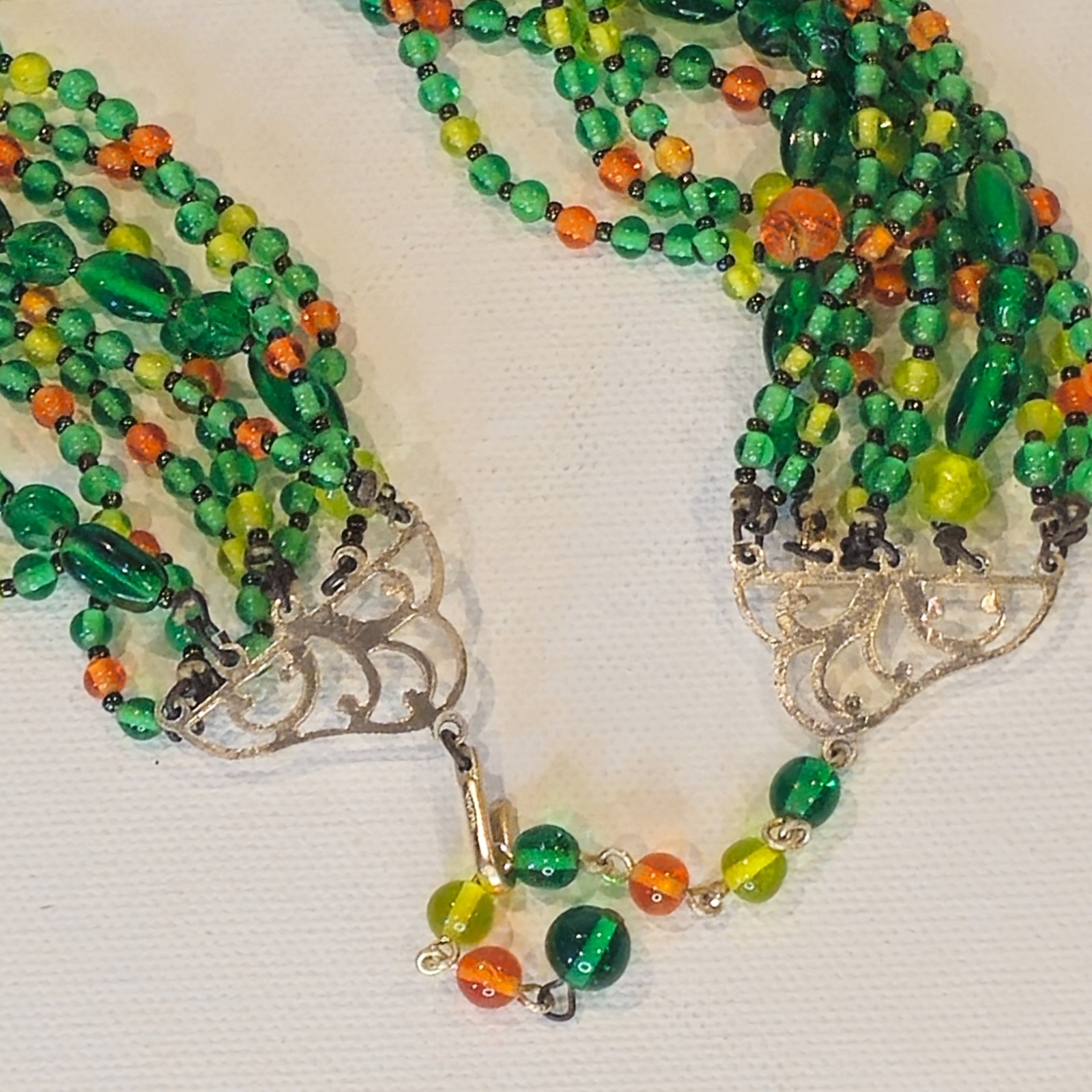 VTG Multi‑Strand Green Glass Bead Necklace Hand‑Strung Orange Yellow Accents