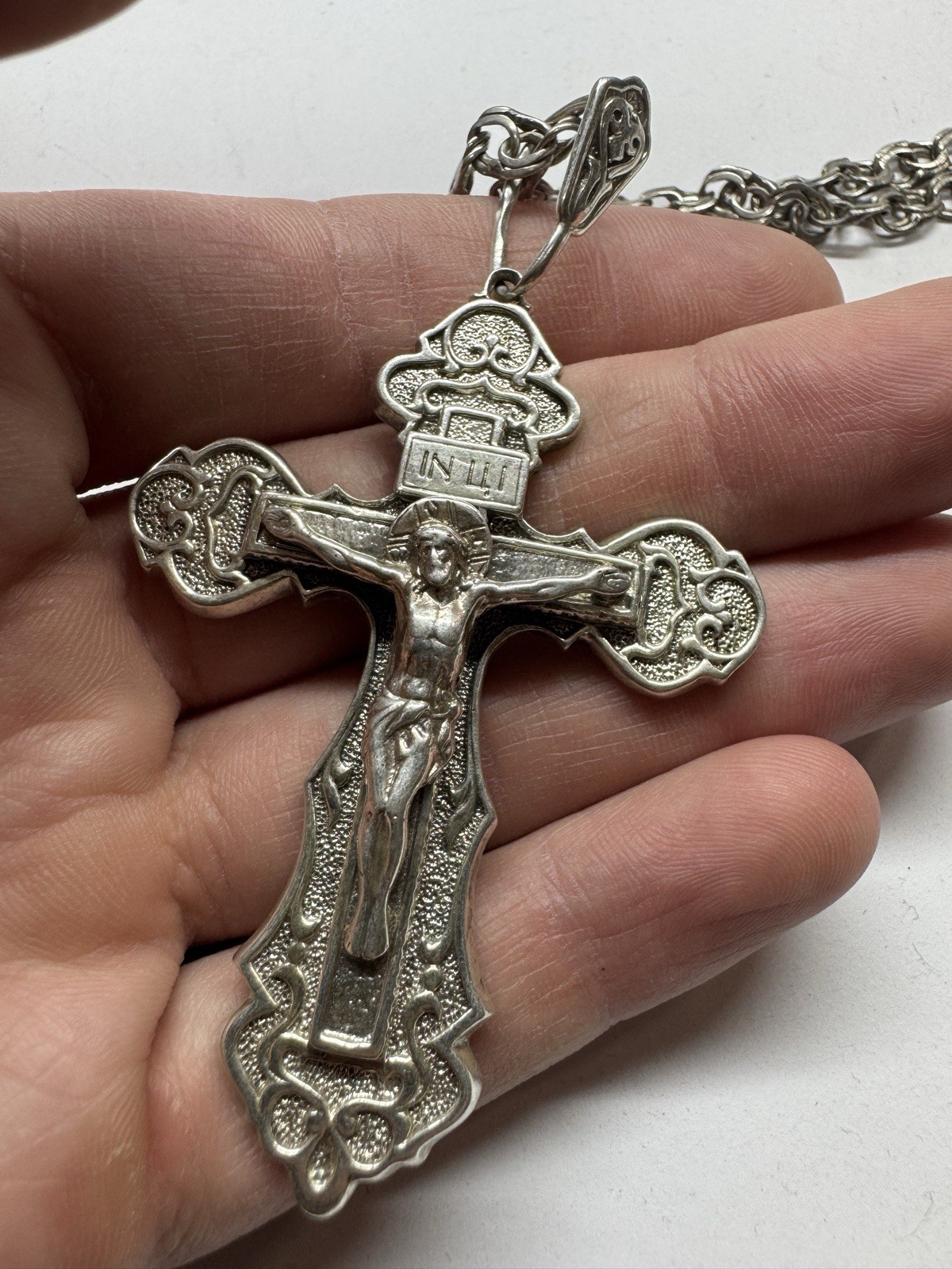 Huge 925 Sterling Silver Orthodox Cross & 25″ Bismarck Chain Set 49g Russia