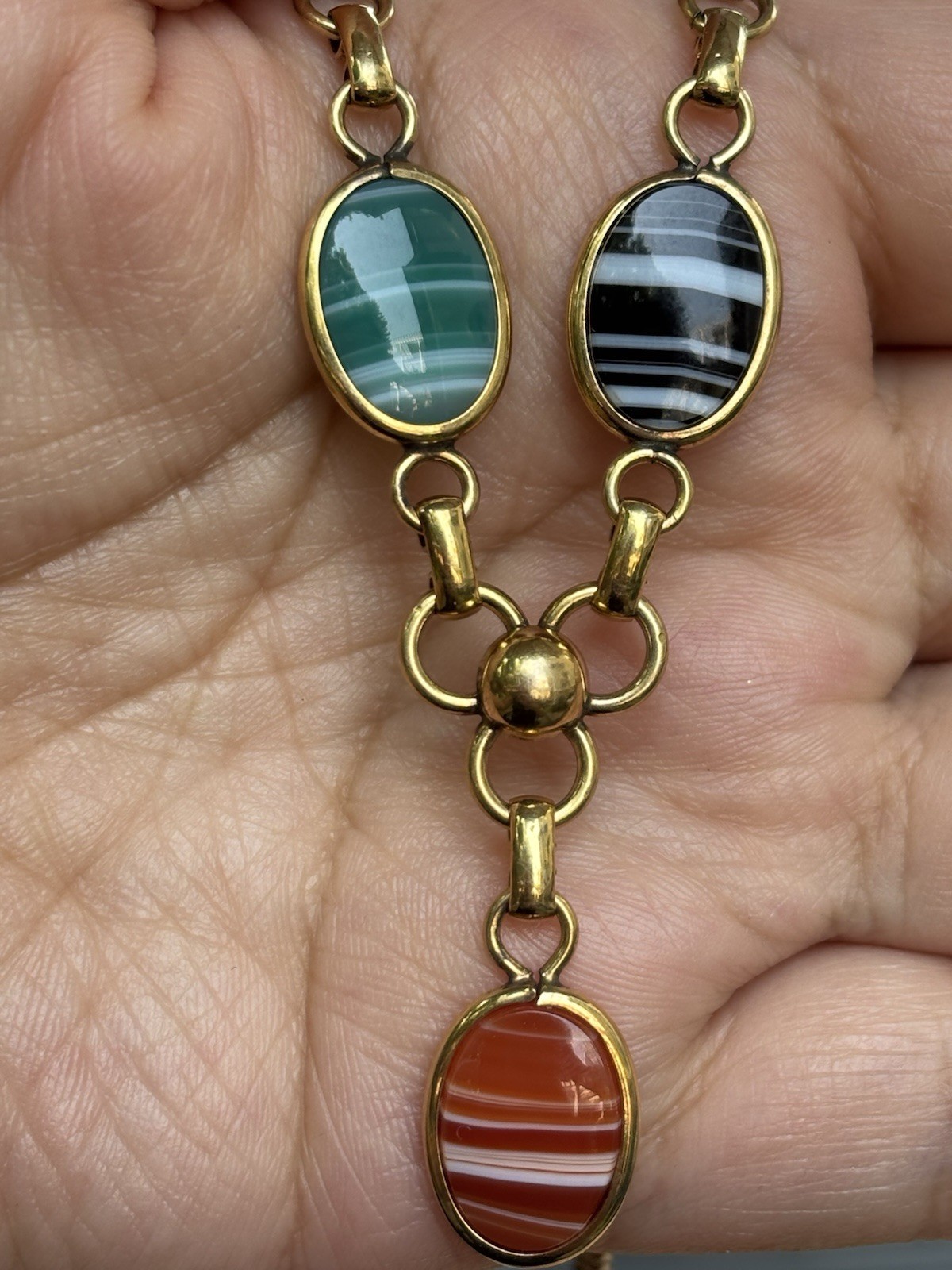 Vintage 12K Gold Filled Banded Agate Carnelian Y Drop Necklace 16”