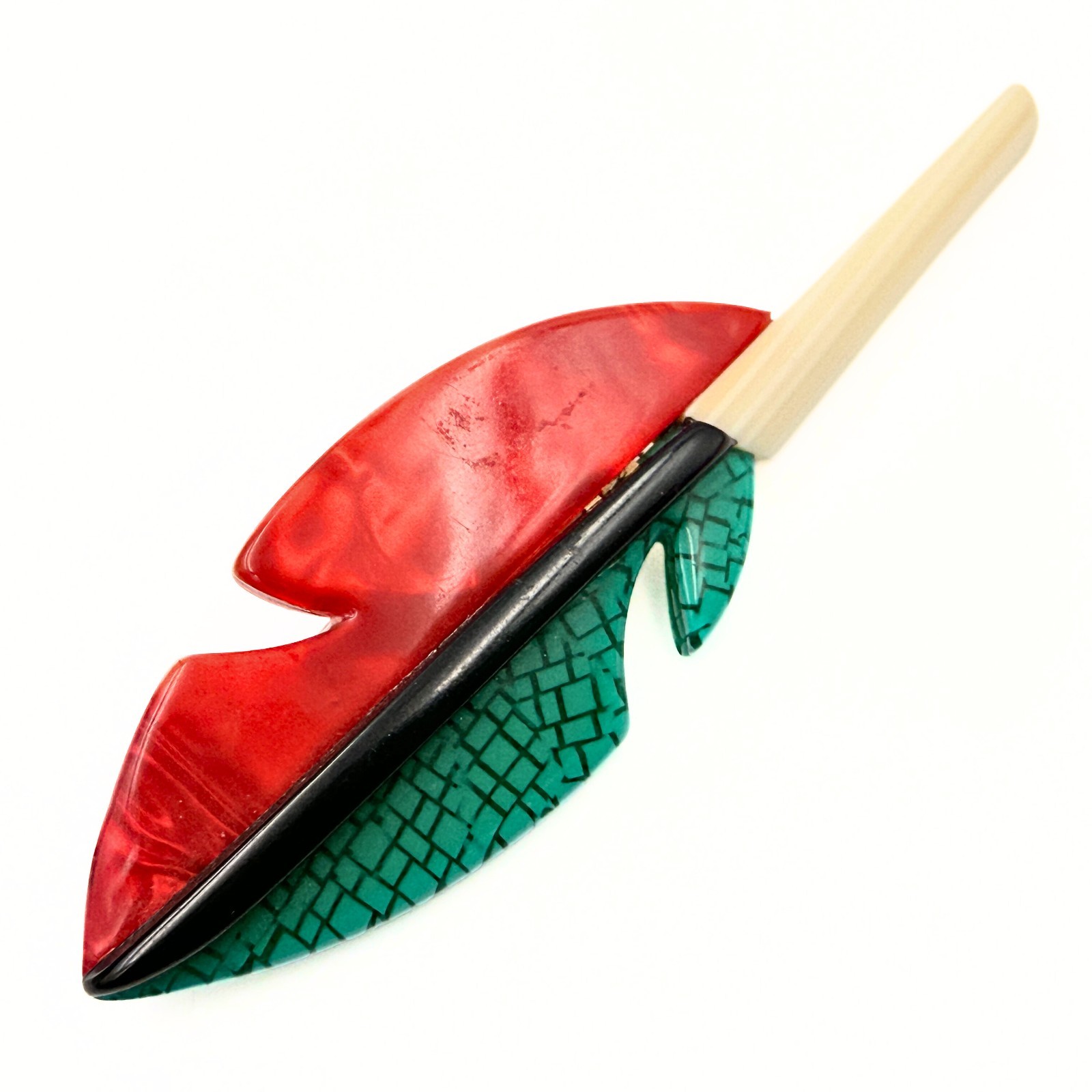 Lea Stein Marked Paris Green Red Acetate Celluloid Feather Brooch