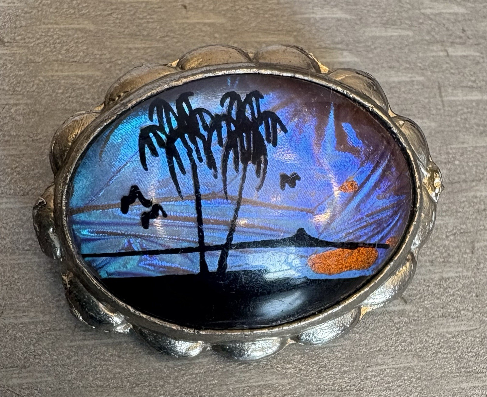 Art Deco Era Vintage Butterfly Wing Brooch Luminous Palm Tree Beach Glass Bubble