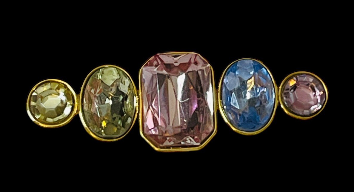 VTG TAT BAR BROOCH ART GLASS HANDMADE SIGNED FACETED STONES GOLD TONE BRILLIANT
