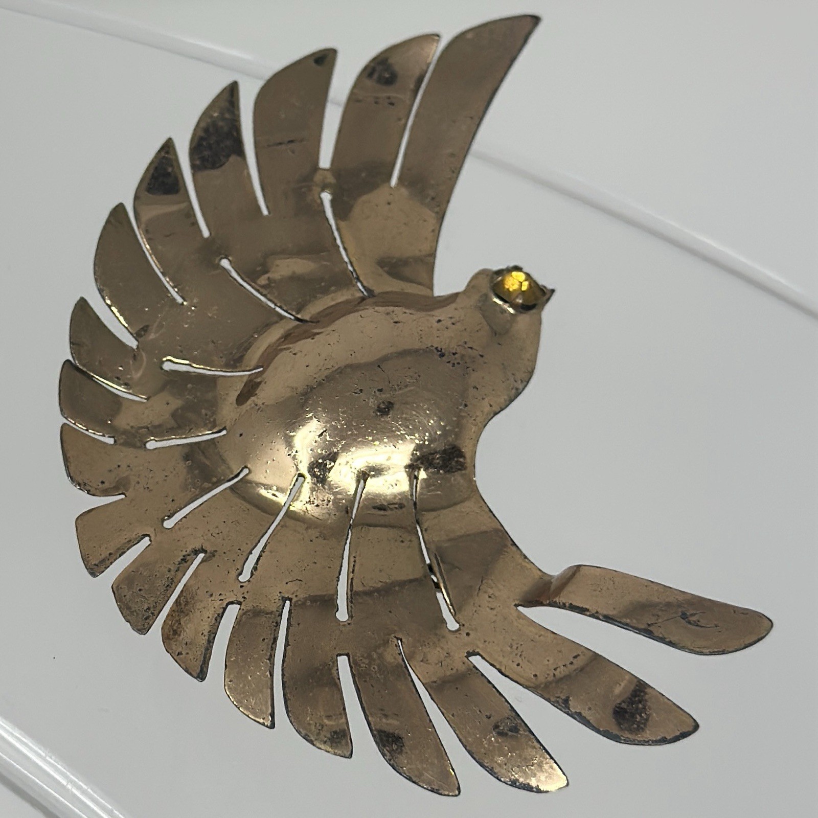 Vintage Rose Gold Vermeil Sterling Silver Flying Bird Yellow Eye Brooch Pin 3”