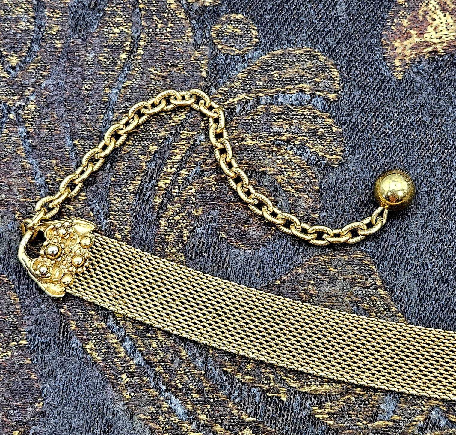 Victorian Revival Gold Tone Mesh Choker Faux Pearl Black Rhinestone Necklace