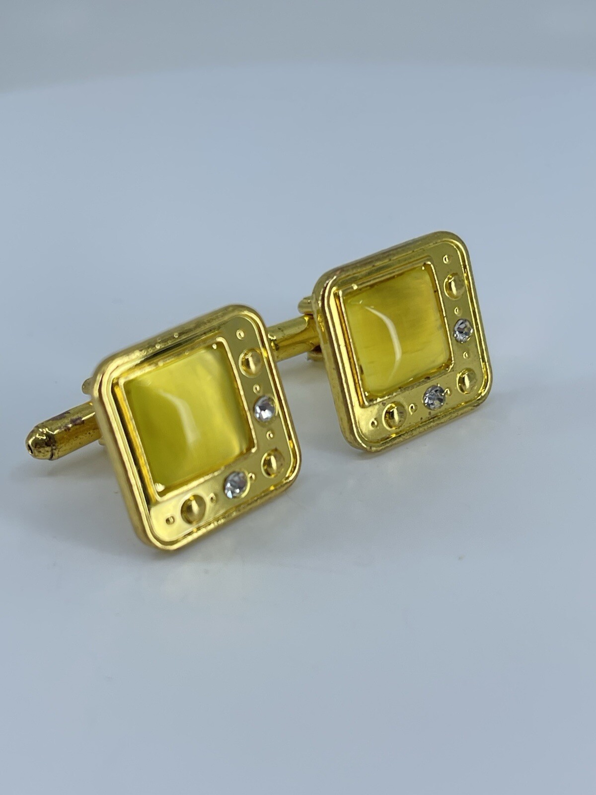 gold tone square yellow glass cufflinks white rhinestones accents bullet backs