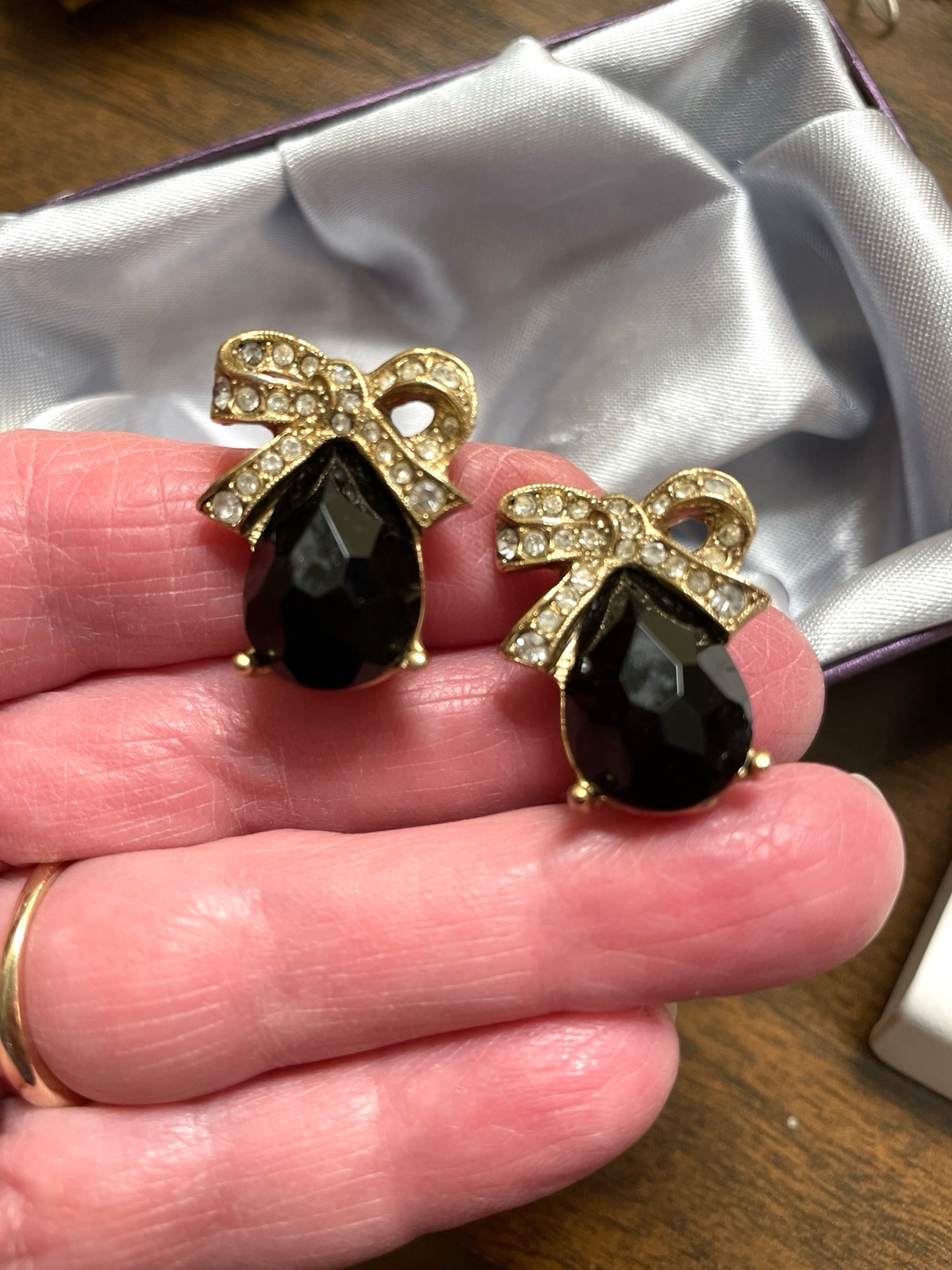 1928 Jewelry Co. Earrings Faceted Black Cabochon Bow Motif Pave Crystals Clip-on