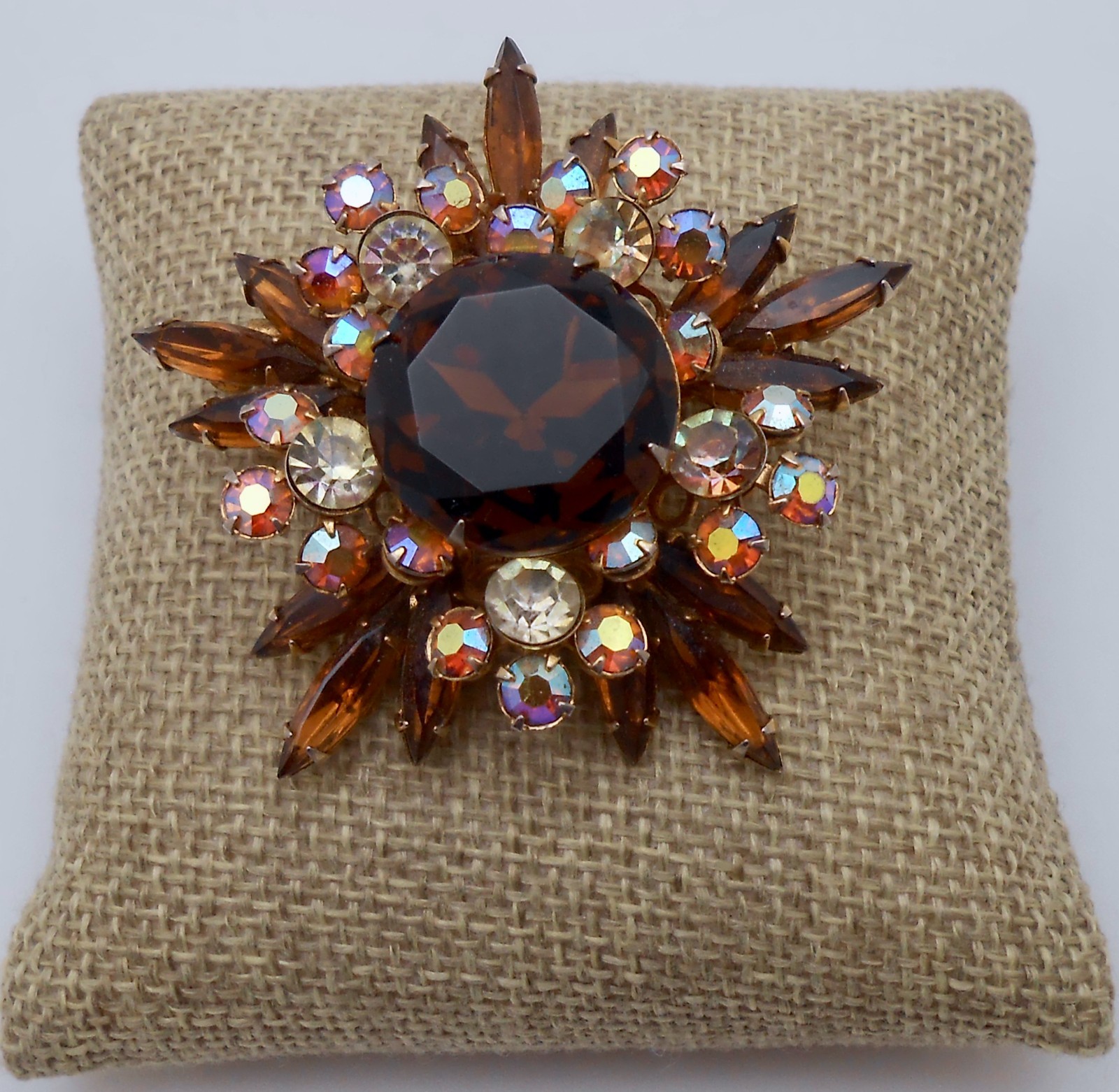 Vintage Brown AB & Clear Glass Rhinestone Layered Starburst Brooch Pin CJ83