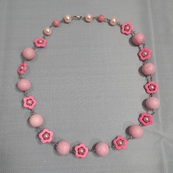 Vintage Handmade Women’s Necklace Pink Cotton Candy Natural Stones, Faux Pearls