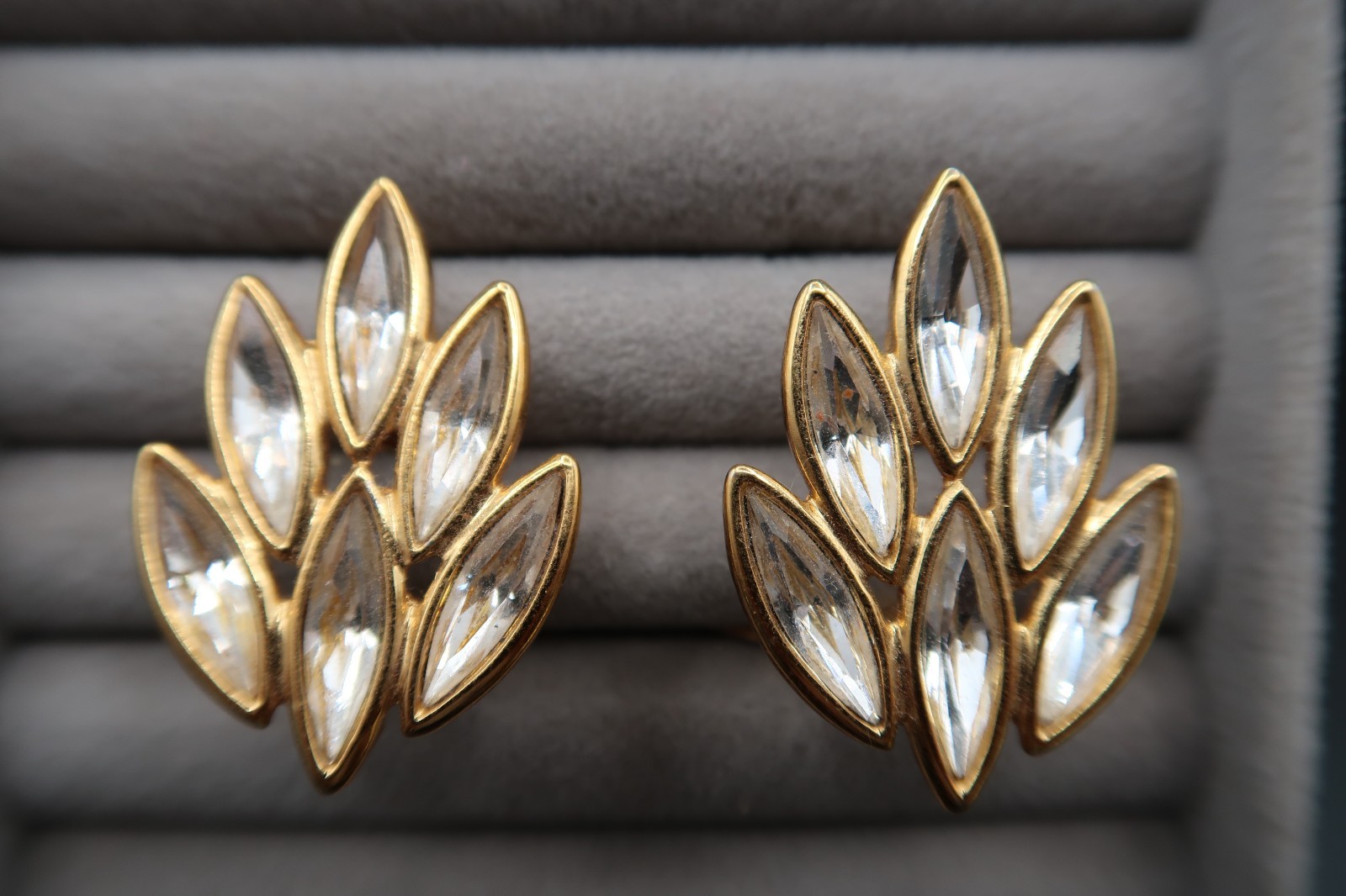 Vtg Yves Saint Laurent Spiked Leaf Design Crystal Earrings Signed Beautiful