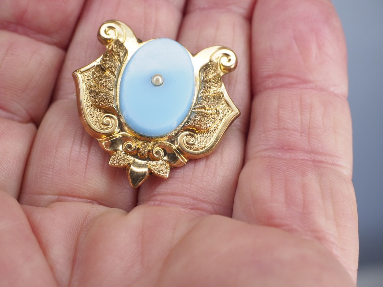 Antique gold brooch blue opaline glass hollow pin tube hinge C-clasp jewelry