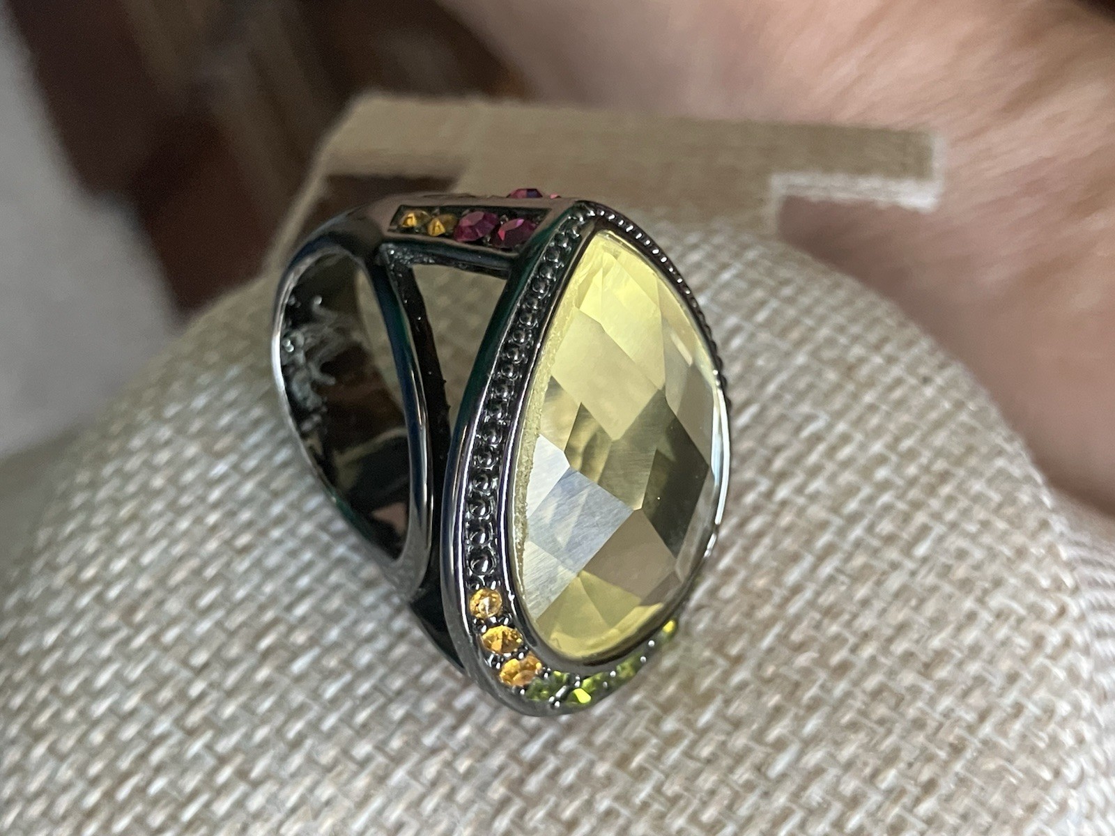 HSN Designer Signed M & CN Multi Gemstone Yellow Teardrop Faceted Cocktail Ring