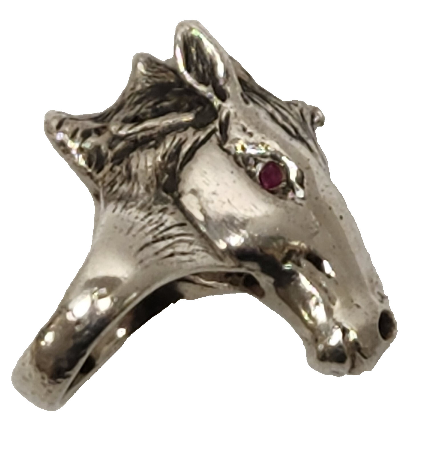 Large Vintage Sterling Silver HORSE HEAD Ring Ruby Eyes Small Size 3 3/4 ~ 30 g