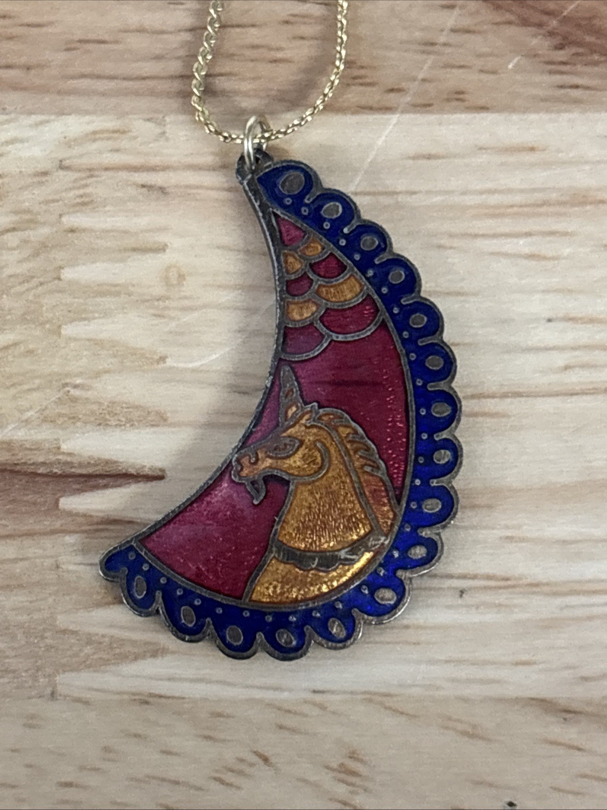 Vintage Cloisonné Unicorn Pendant Crescent Moon Shape Celestial 1.5″ x 1″