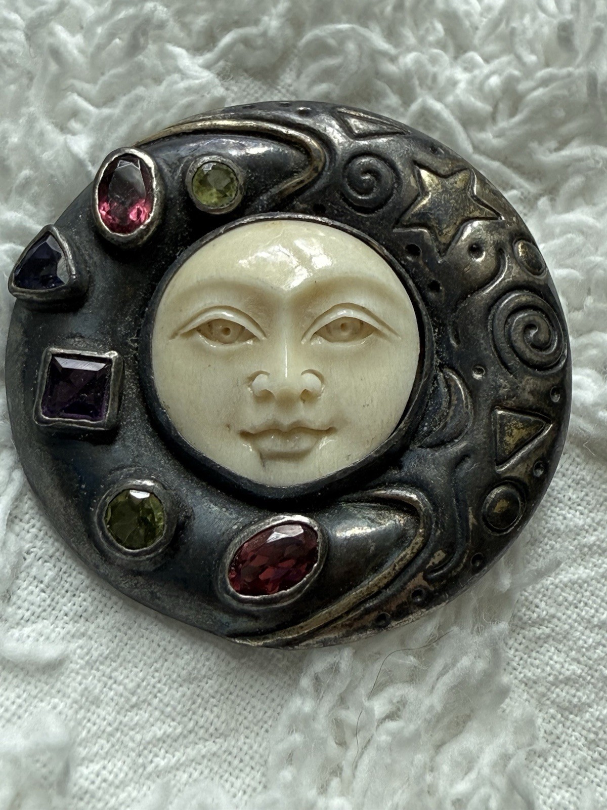 MYSTIC MOON FACE Sterling Silver Amethyst Topaz Carved Goddess Pendant Brooch