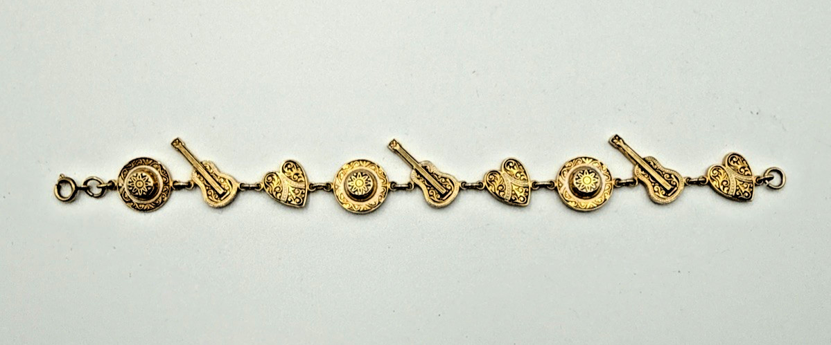 Vtg 1960s Mexican Mariachi Charm Bracelet – Faux Damascene Guitar Sombrero