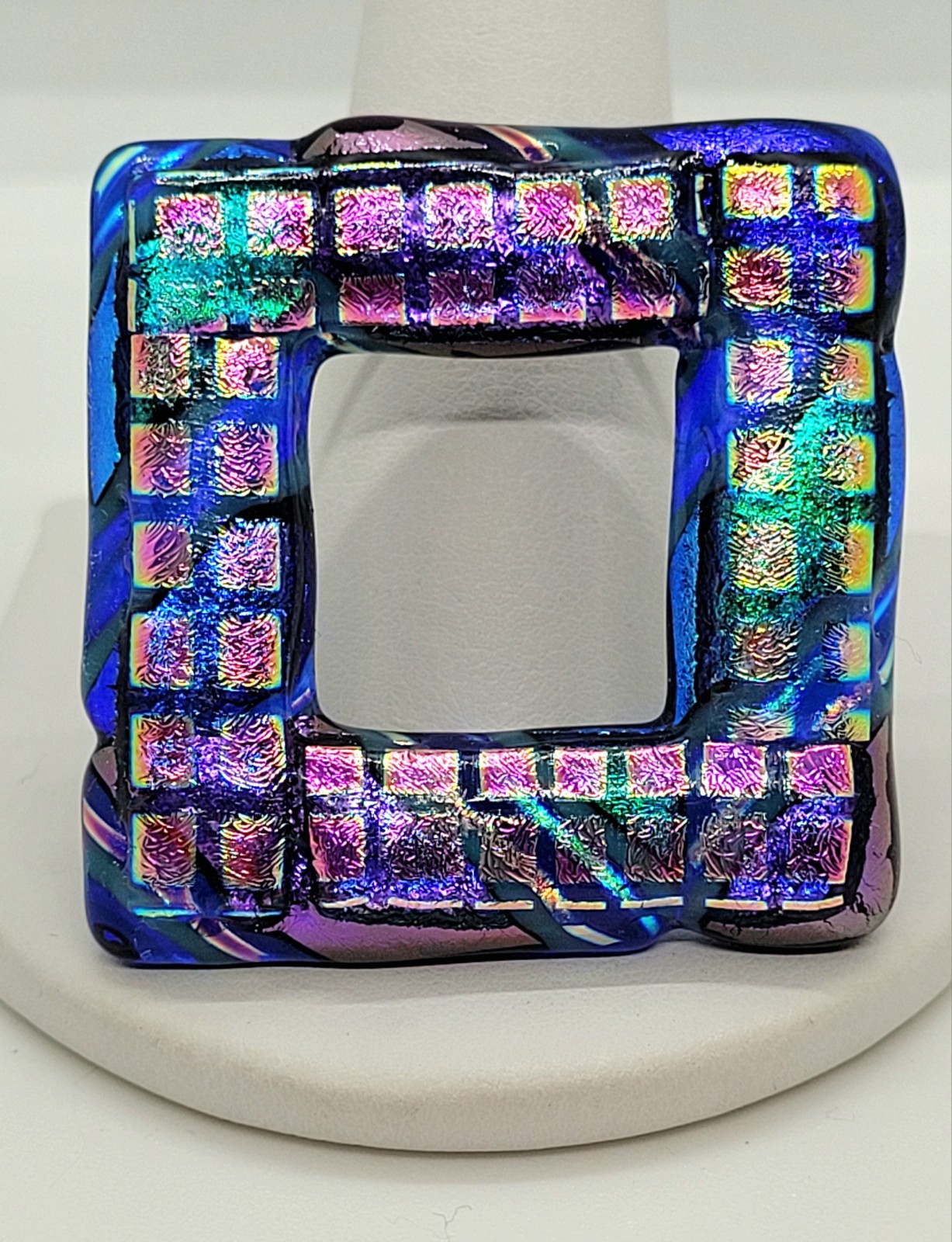 Dichroic Glass Brooch Fused Lampwork Abstract Cobalt Blue Iridescent Open Square