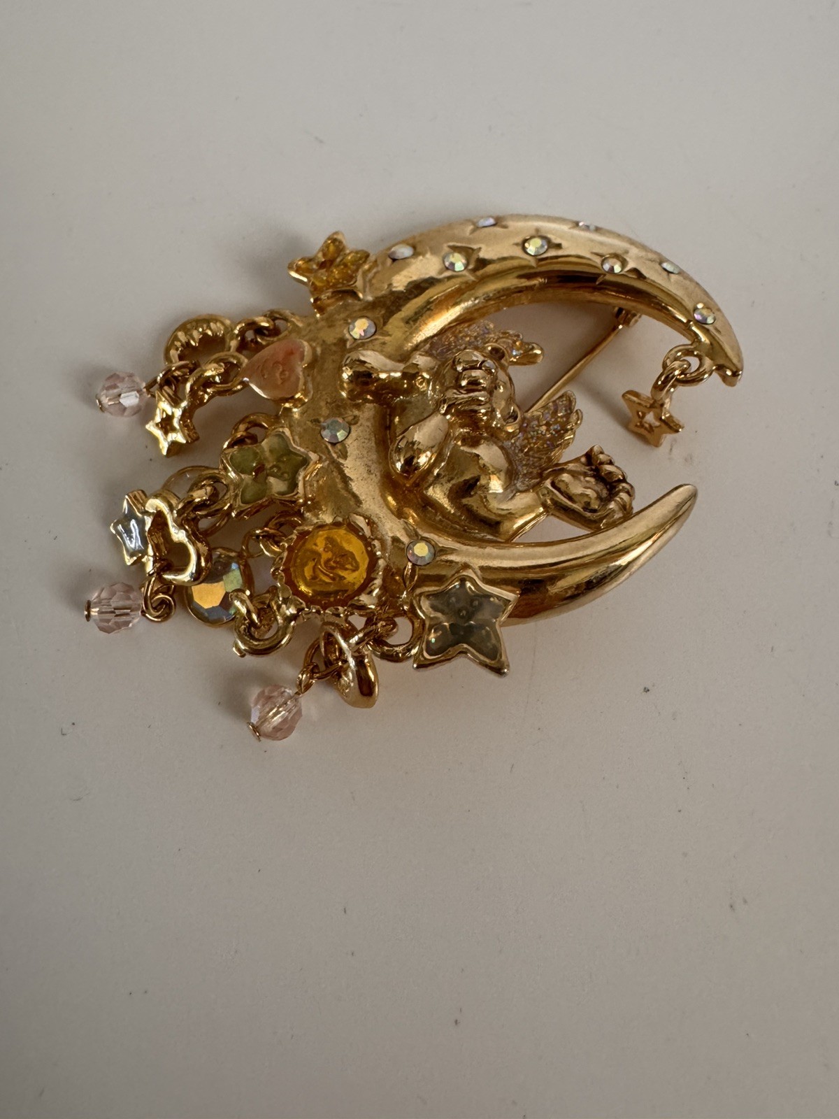 Vintage Kirks Folly Angel Cherub Moon & Stars Crystal Gold Tone Brooch Pin 2.5″
