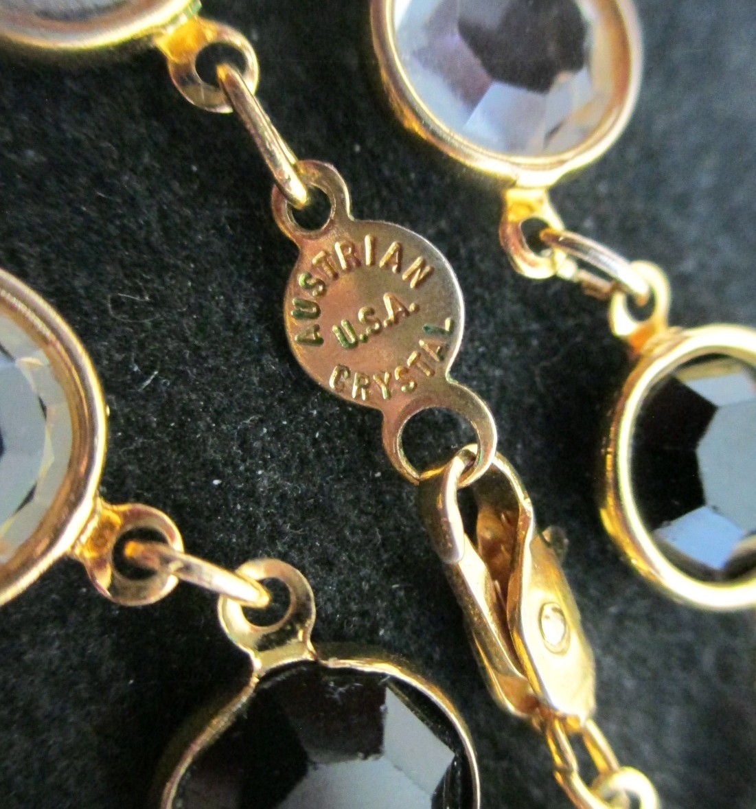 Vintage Black and Clear Austrian Crystal Bezel Gold Necklace 32″ Long Faceted