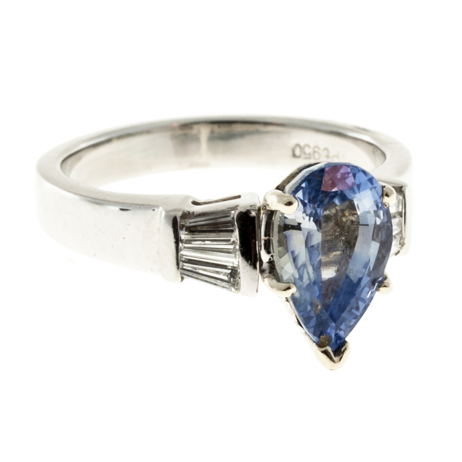 Vintage 2.62ct Fancy Light Blue Pear Sapphire Platinum .18ct Taper Diamond Ring
