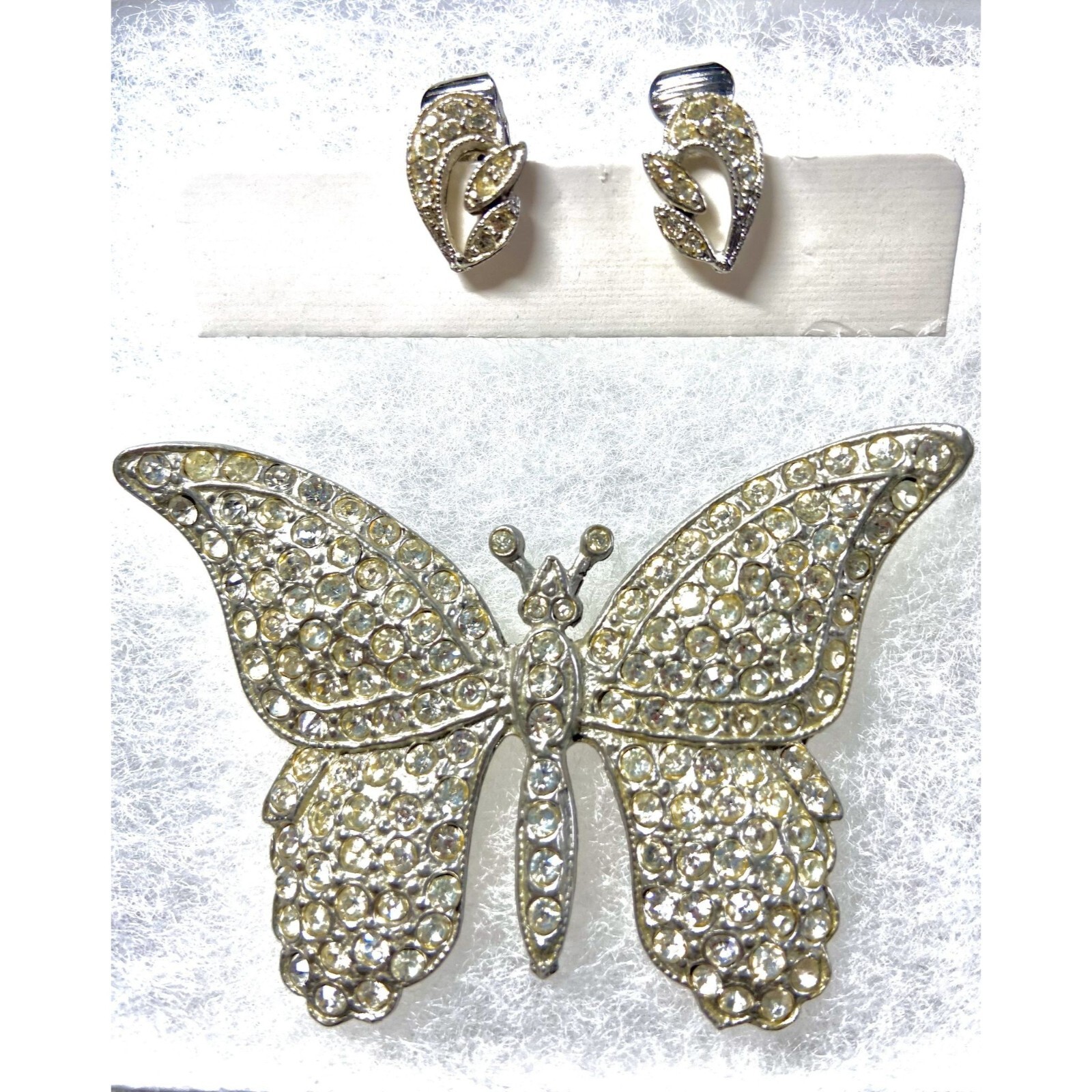 Rhinestone Butterfly Brooch with Rair of Rhinestone Clip On Earrings Set Glam