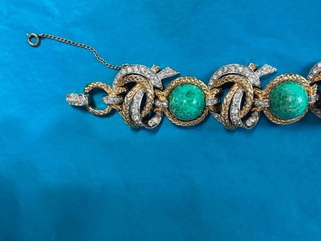 MARCEL BOUCHER TURQUOISE ART GLASS CABOCHONS & RHINESTONE BRACELET SIGNED/NUMBER