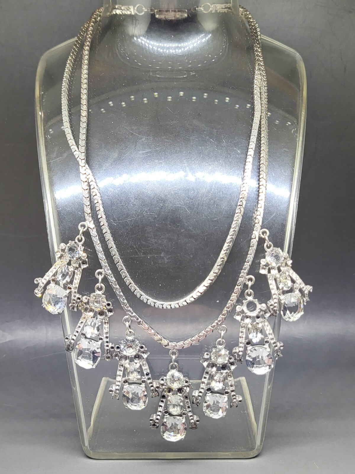 Vintage Faceted Crystal Rhinestone .925 Sterling Choker Statement Necklace 78 Gm