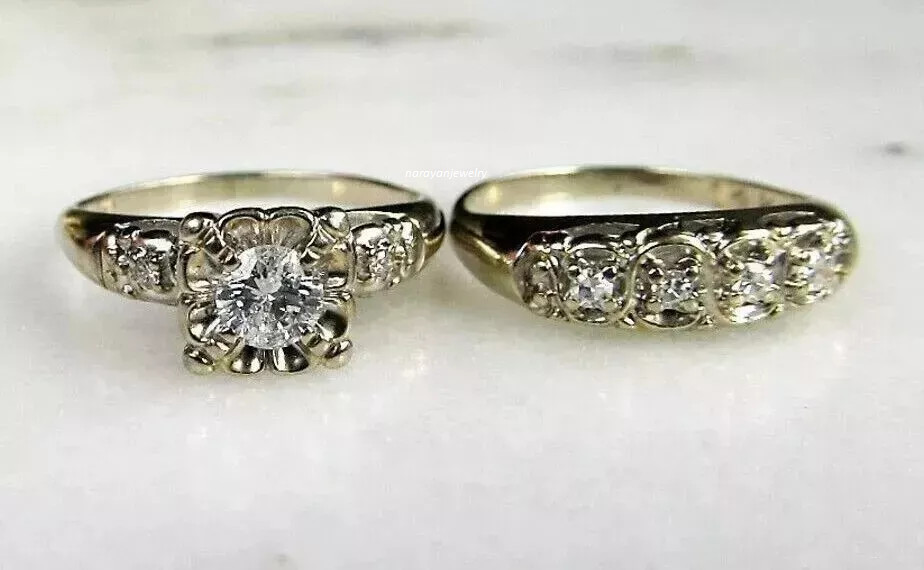 Vintage 2.7Ct Art Deco Round Lab Created Diamond 925 Silver Engagement Ring Set