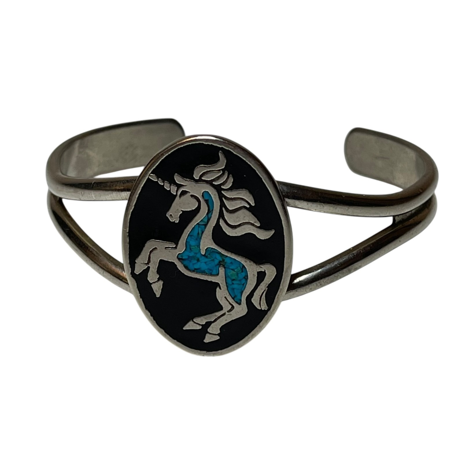 Vintage 1984 Cuff Bracelet Unicorn Cloisonne Turquoise Inlay Black Enamel Y2K