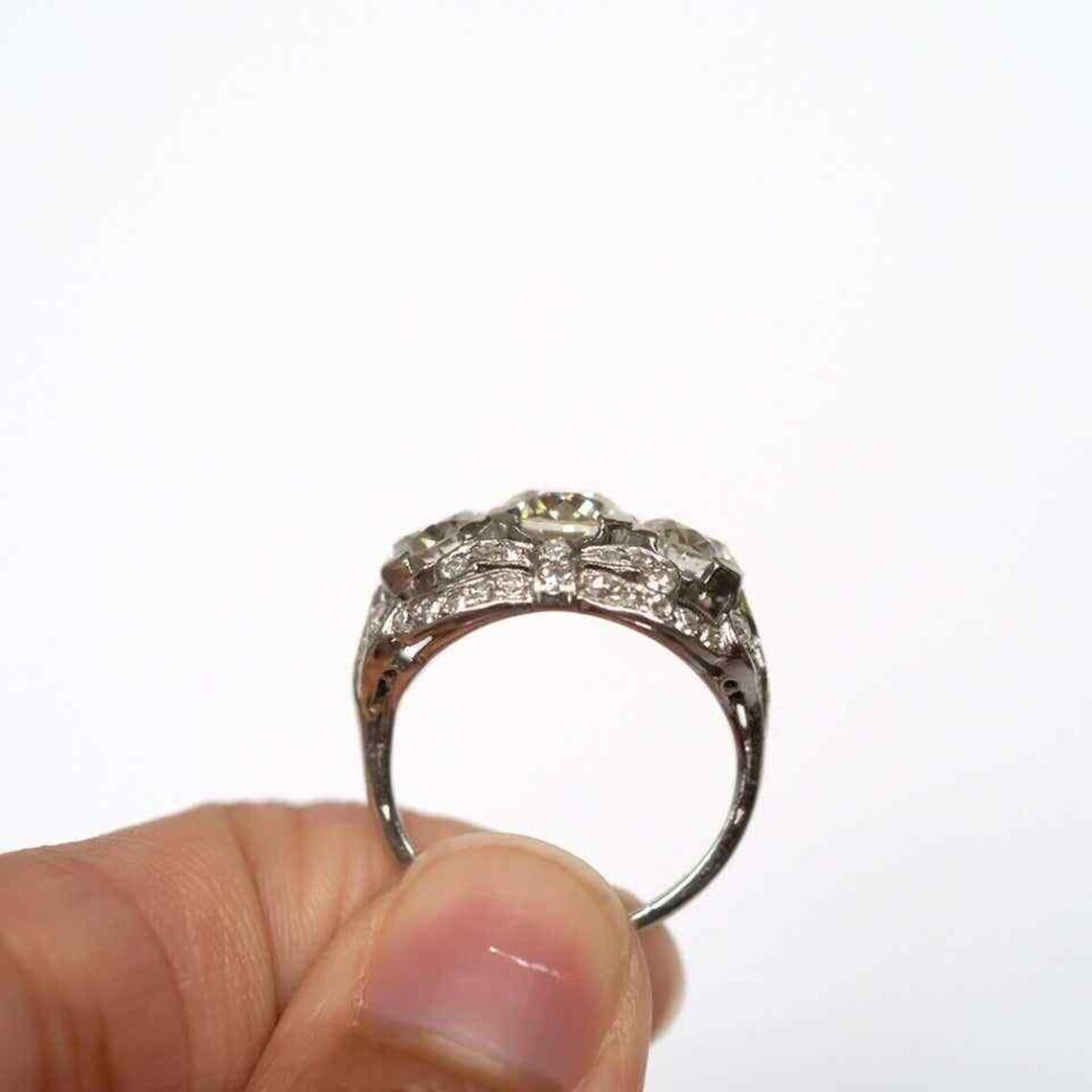 3.50CTW White Round Cut CZ Three Stone Art Deco Antique Wedding 925 Silver Ring