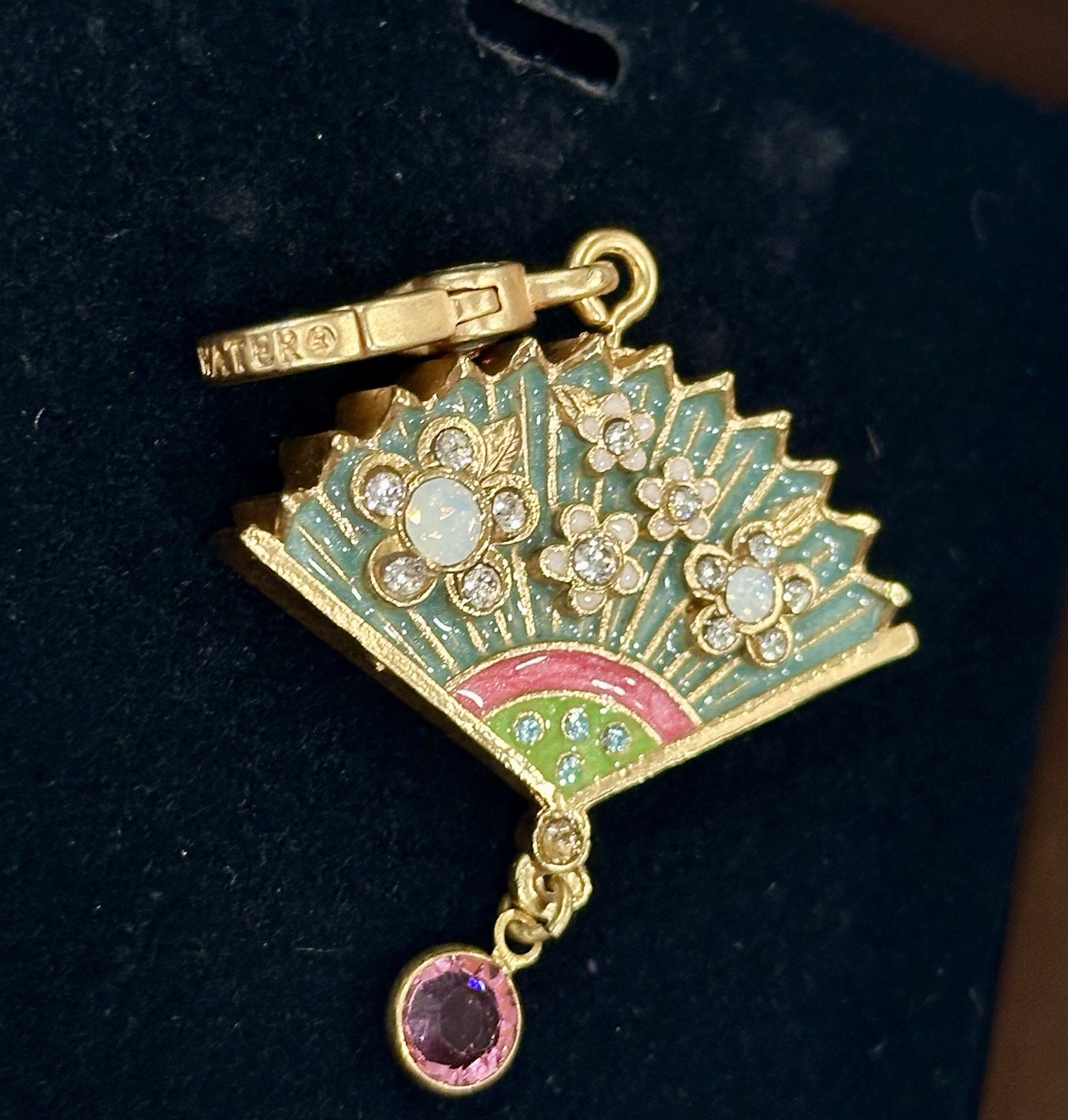 Jay Strongwater Swarovski Jeweled Chinoiserie Gold Fan 1.5” Charm/Keychain + Box