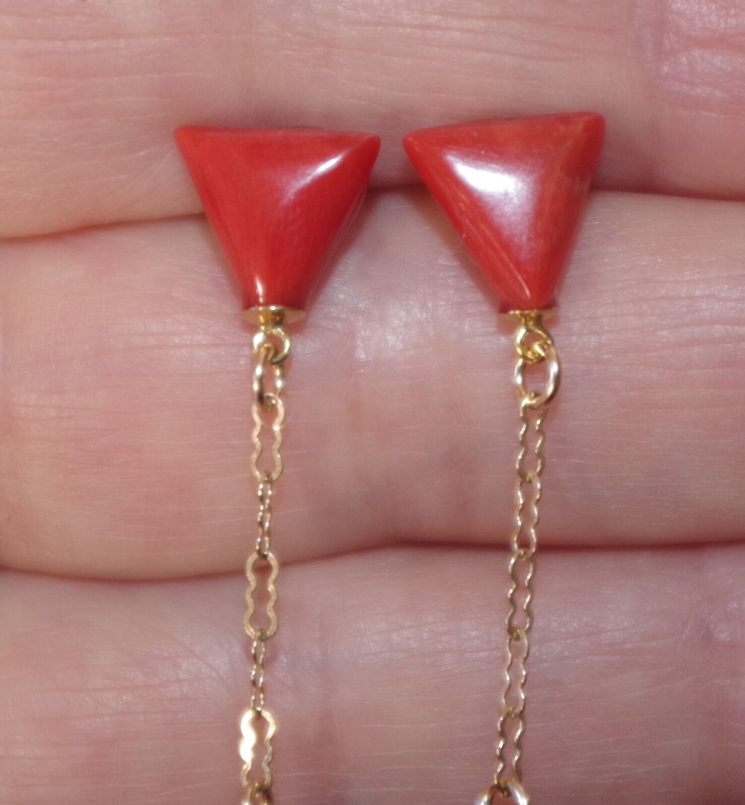 14K 52MM Ox Red Italian Triangular Stud Coral Teardrop Earrings Made to Order