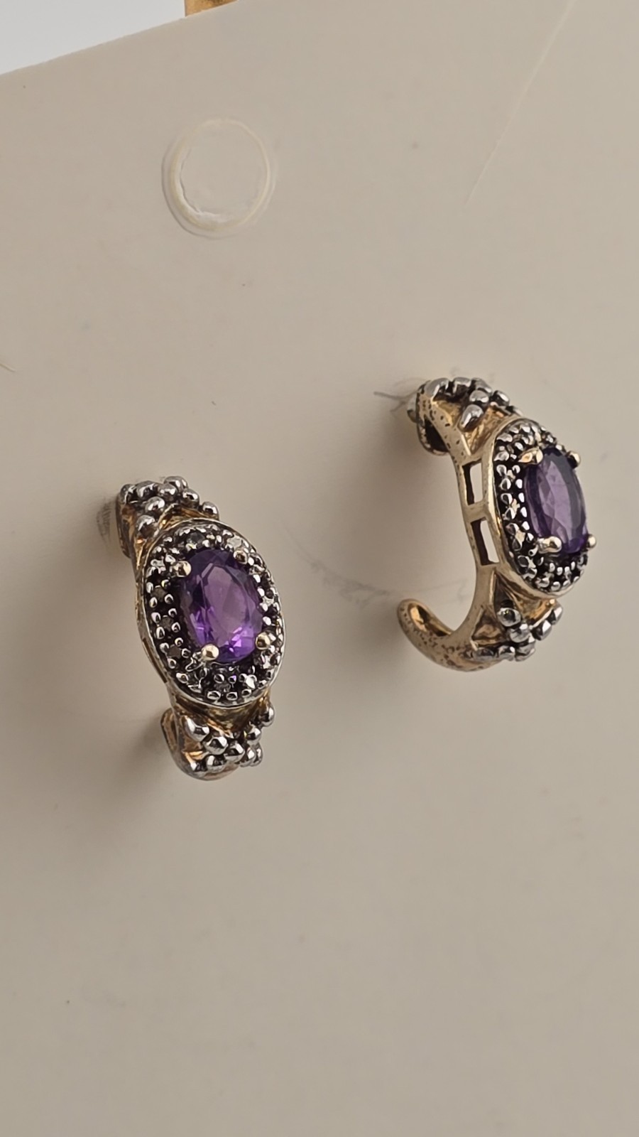 Vintage Brass-Plated 925 Silver Half Hoop Earrings with Amethyst